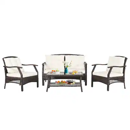 Front. Costway - Costway 4 PCS Outdoor Rattan Conversation Set Patio Rattan Sofa Set W/ Protective Cover - Beige.