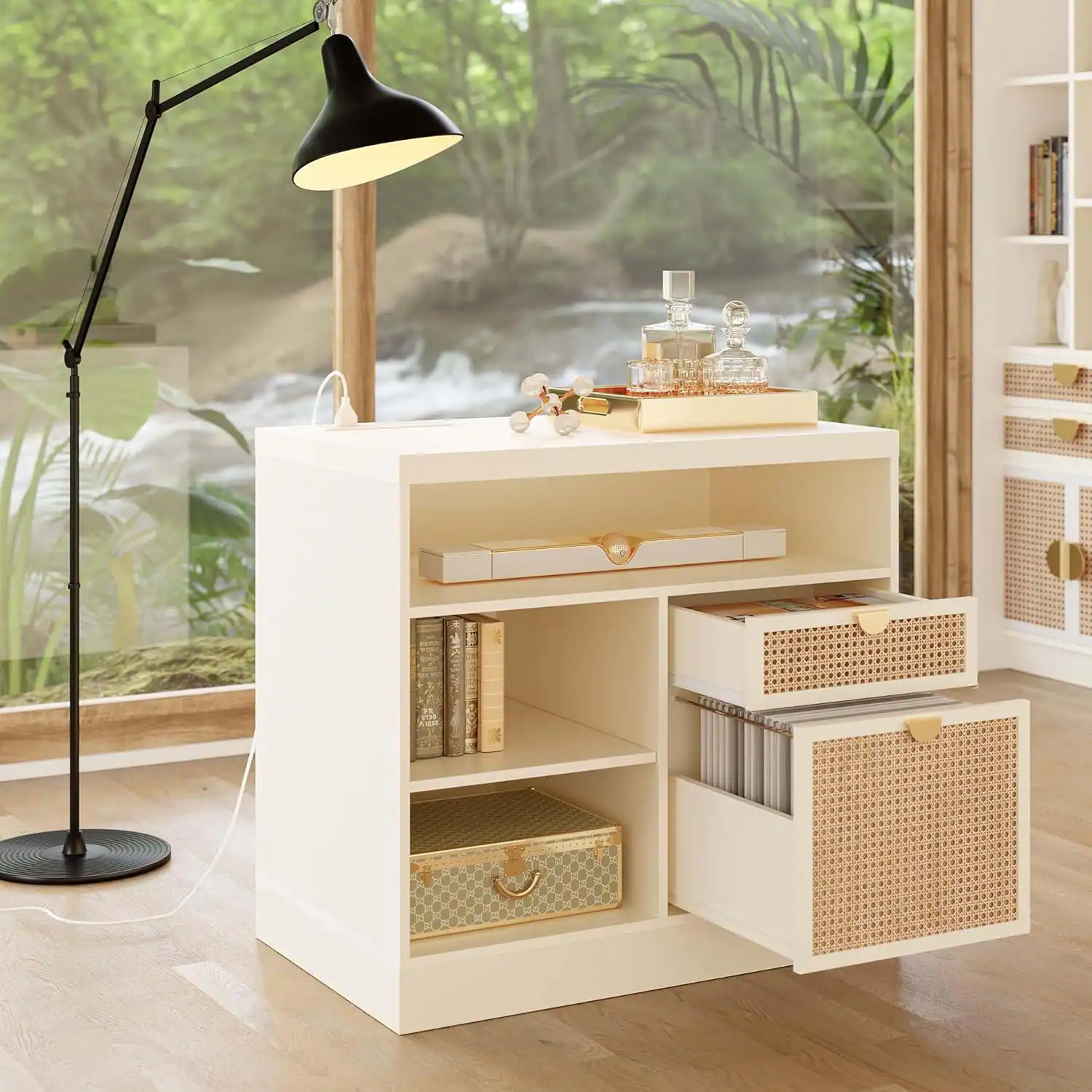 Alt View 2. ModernMate - 2 Drawer Wood Rattan Lateral File Cabinet with Lock, Power Strip and Storage Shelves.