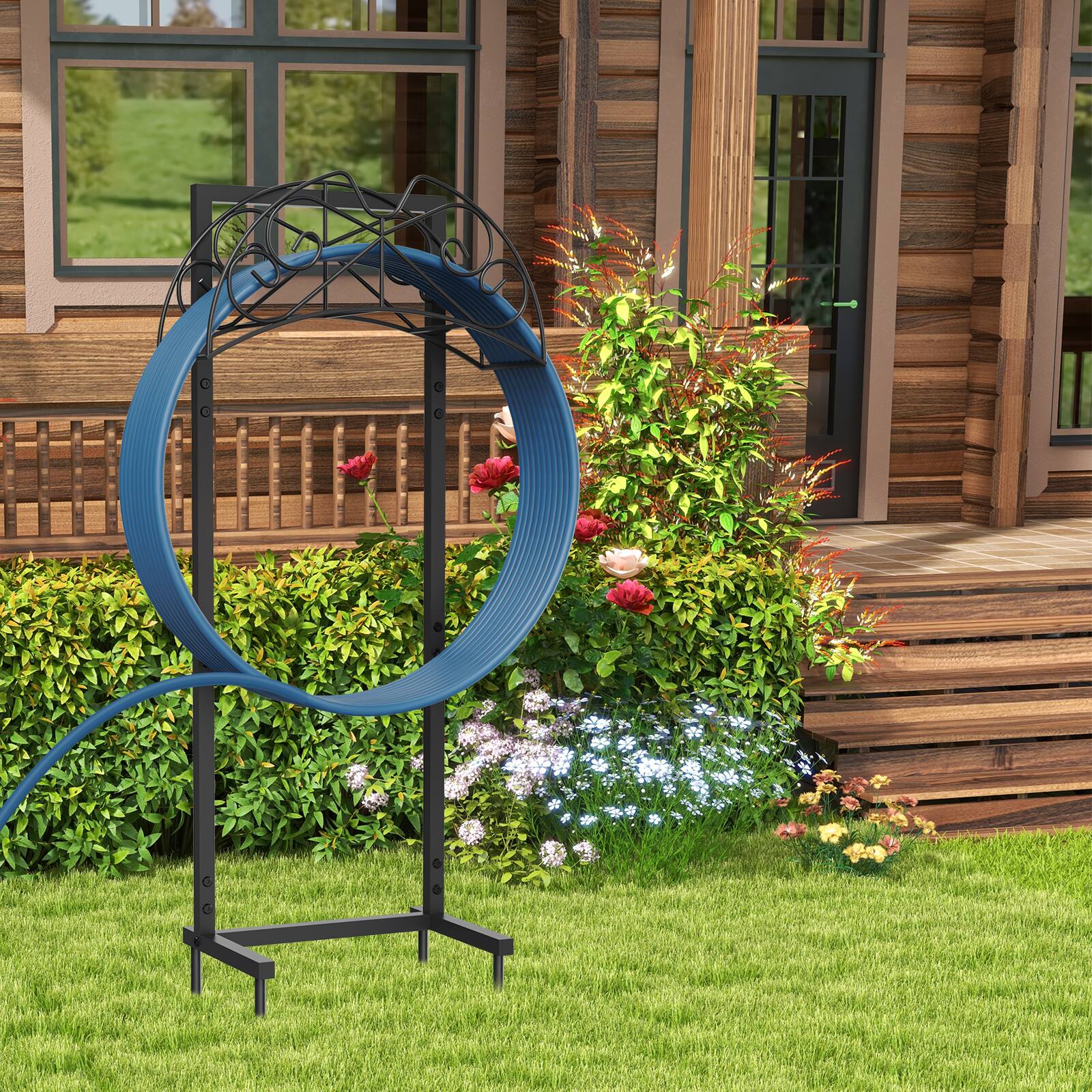 Front. Oumilen - Black Freestanding Garden Hose Holder, Heavy Duty Metal Water Hose Stand.
