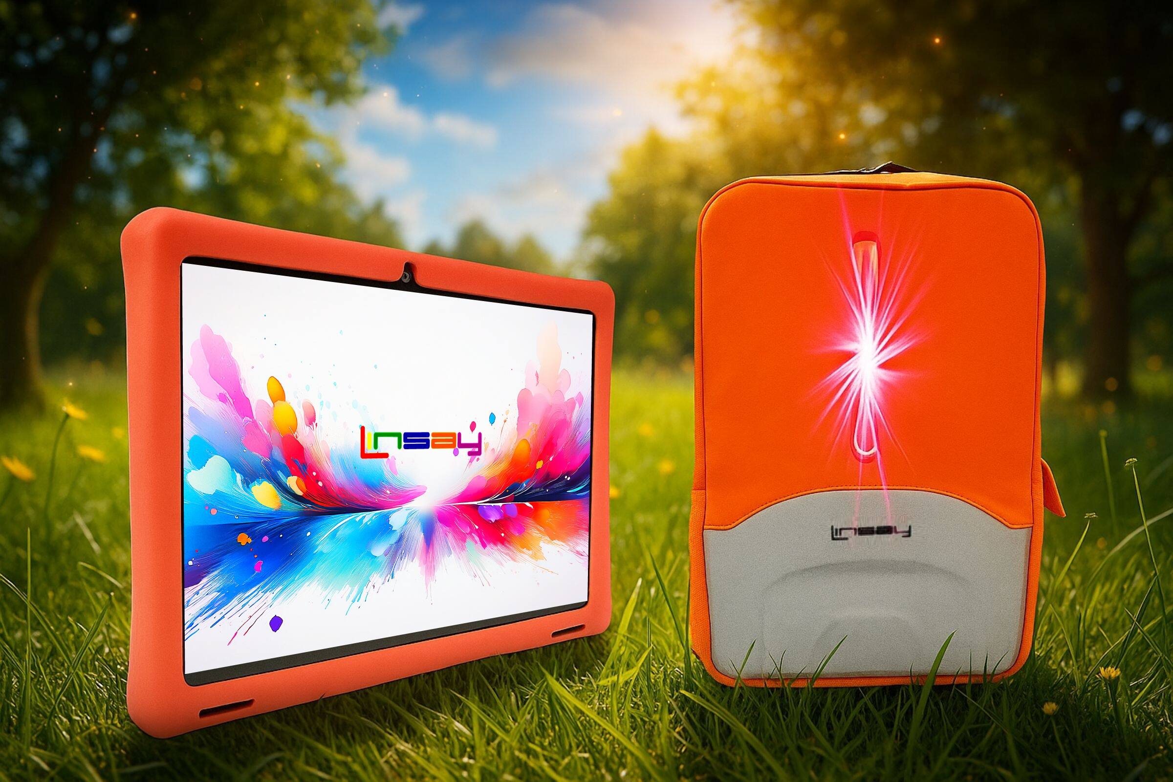 Alt View 1. LINSAY - 10.1"Octa Core 256GB Storage Android 15 Tablet with Red Kids Defender Case and LED Backpack Orange - Orange.