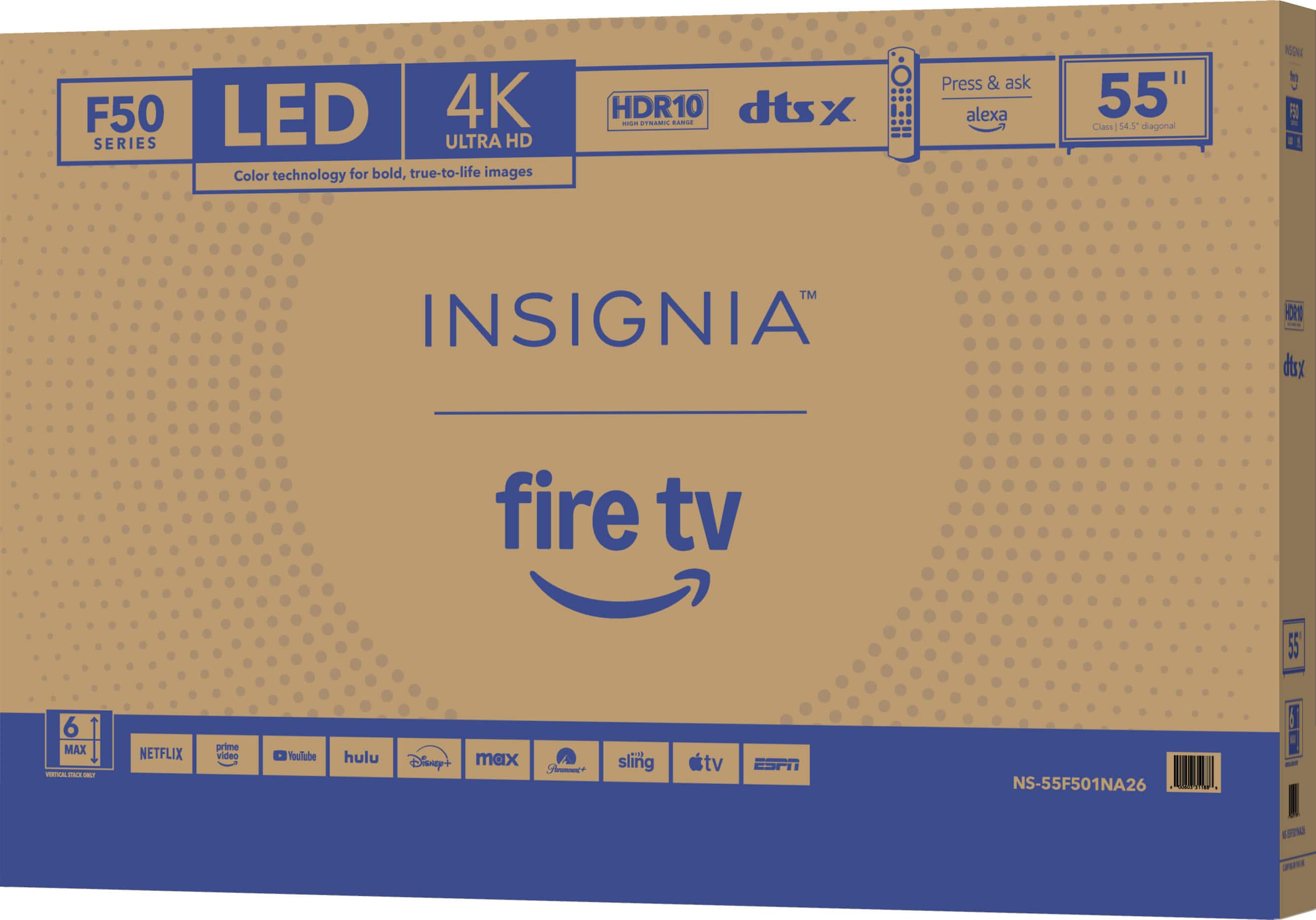 The text on the image reads:
"F50 LED 4K SERIES ULTRA HD Color technology for bold, true-to-life images HDR10 dtsx X -- ade AN Press & ask alexa 55" Class 54.5 diagonal INSIGNIA in - 1 TM INSIGNIA HOR - - dsx fire tv 55 6 MAX ada - - NETFLIX prime video Youlube hulu Disney+ max sling tv ESPN NS-55F501NA26 aia ! 1 - ESSN Mr S SPores 1"
The corrected text would be:
"F50 LED 4K SERIES ULTRA HD Color technology for bold, true-to-life images HDR10 dtsx X -- ade AN Press & ask alexa 55" Class 54.5 diagonal INSIGNIA in - 1 TM INSIGNIA HOR - - dsx fire tv 55 6 MAX ada - - NETFLIX prime video YouTube Hulu Disney+ max sling tv ESPN NS-55F501NA26 aia ! 1 - ESSN Mr S SPores 1"