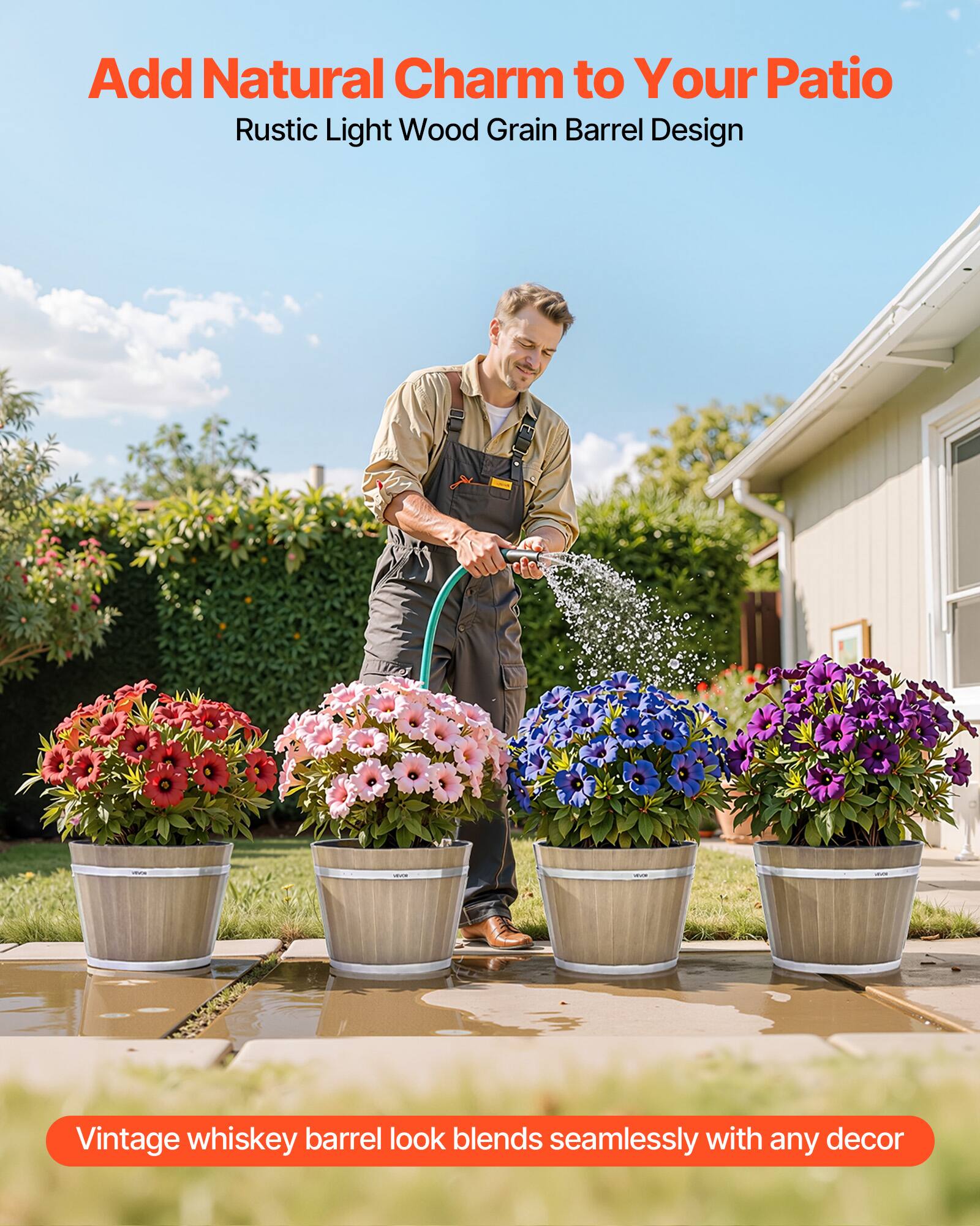 Add Natural Charm to Your Patio  
Rustic Light Wood Grain Barrel Design  

Vintage whiskey barrel look blends seamlessly with any decor