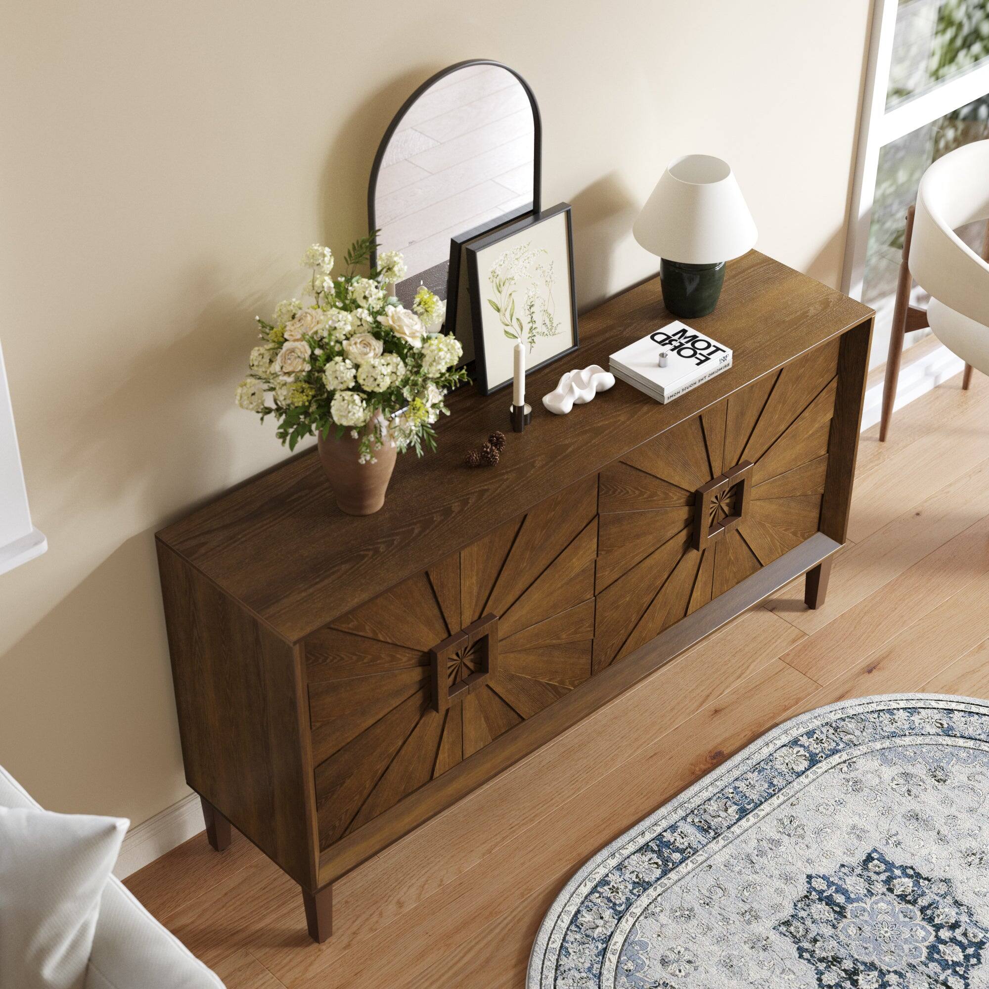 Alt View 4. Boyel Living - Sixty Inch Rustic Farmhouse Credenza with Sunburst Doors Adjustable Shelves Heavy Duty Wood TV Stand - Antique brown.