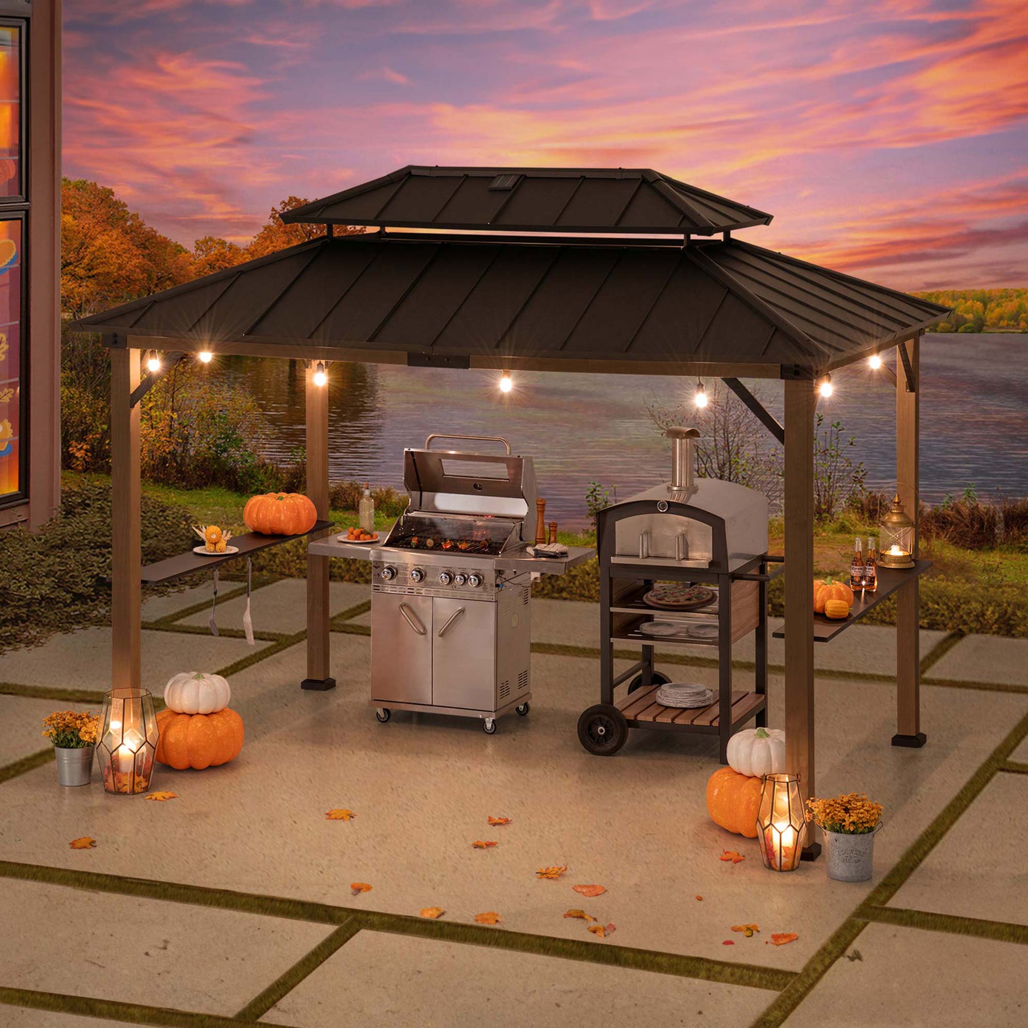 Alt View 5. SUNJOY - Sunjoy 8ft. x 12 ft. Churchill Cedar Framed Grill Gazebo with DC Solar Power - Churchill Cedar+DC Solar Power+Brown.