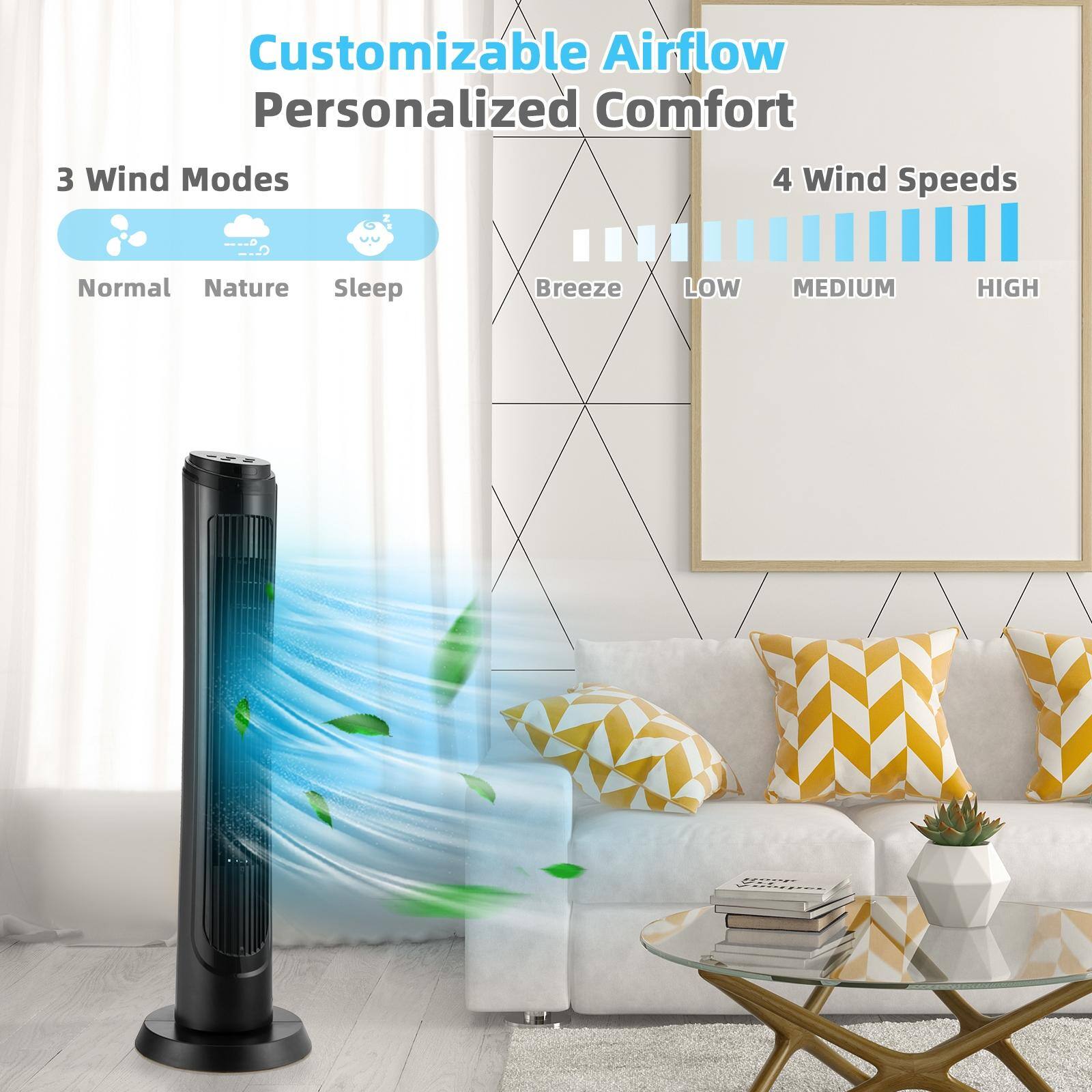 Customizable Airflow  
Personalized Comfort  

3 Wind Modes  
Normal Nature Sleep  

4 Wind Speeds  
Breeze LOW MEDIUM HIGH