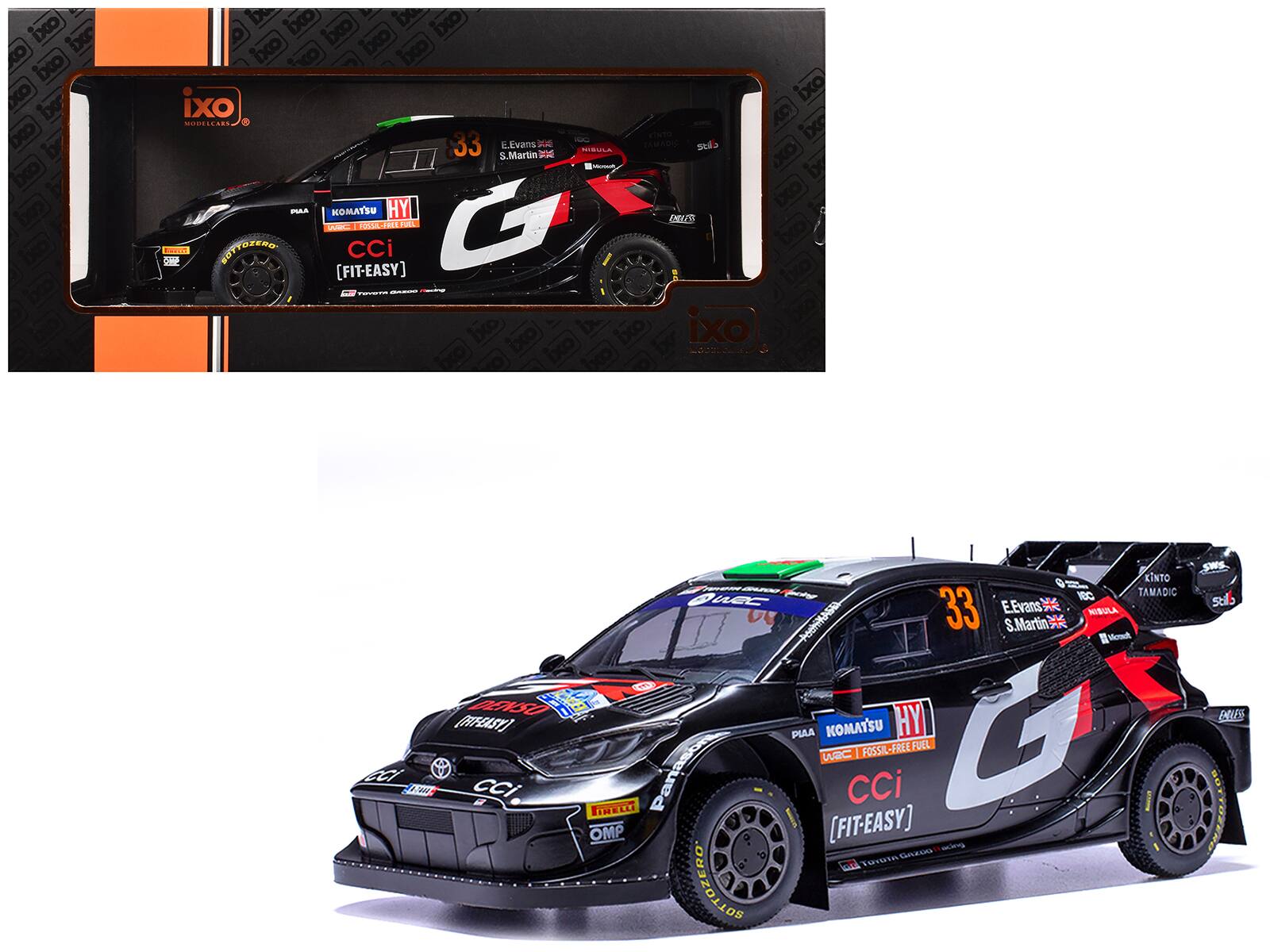 Sure, here is the corrected and grouped text from the image:

---

**Front of the Car:**
- 33
- E. Evans
- S. Martin
- NIBULA
- TAMADIC
- sti
- HY
- KOMATSU
- Fossil-Free Fuel
- CCI
- [FIT-EASY]
- PIAA
- OMP
- Pirelli
- Toyota Gazoo Racing
- ixo

**Sides of the Car:**
- 33
- E. Evans
- S. Martin
- NIBULA
- TAMADIC
- sti
- HY
- KOMATSU
- Fossil-Free Fuel
- CCI
- [FIT-EASY]
- PIAA
- OMP
- Pirelli
- Toyota Gazoo Racing
- ixo

**Box:**
- ixo
- MODELCARS
- 33
- E. Evans
- S. Martin
- NIBULA
- TAMADIC
- sti
- HY
- KOMATSU
- Fossil-Free Fuel
- CCI
- [FIT-EASY]
- PIAA