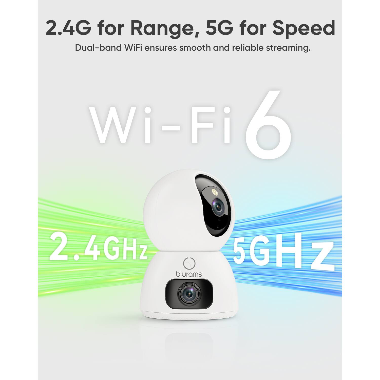 2.4G for Range, 5G for Speed  
Dual-band WiFi ensures smooth and reliable streaming.  
Wi-Fi 6  
2.4GHz  
5GHz  
blurams