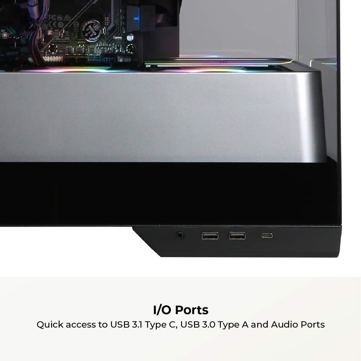 The text on the image reads: "01 F@A FC e an g + e I/O Ports Quick access to USB 3.1 Type C, USB 3.0 Type A and Audio Ports." This text is grouped and corrected as follows:
"01 F@A FC e an g + e I/O Ports Quick access to USB 3.1 Type C, USB 3.0 Type A and Audio Ports."
The text is a description of the computer's USB and audio ports, with the emphasis on the quick access to these ports.