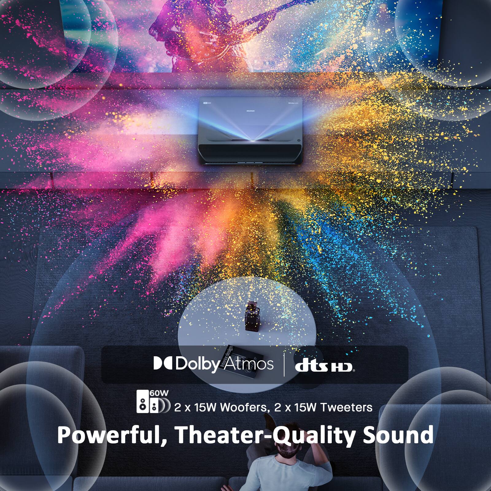 - Dolby Atmos
- dts HD
- 60W
- 2 x 15W Woofers, 2 x 15W Tweeters
- Powerful, Theater-Quality Sound