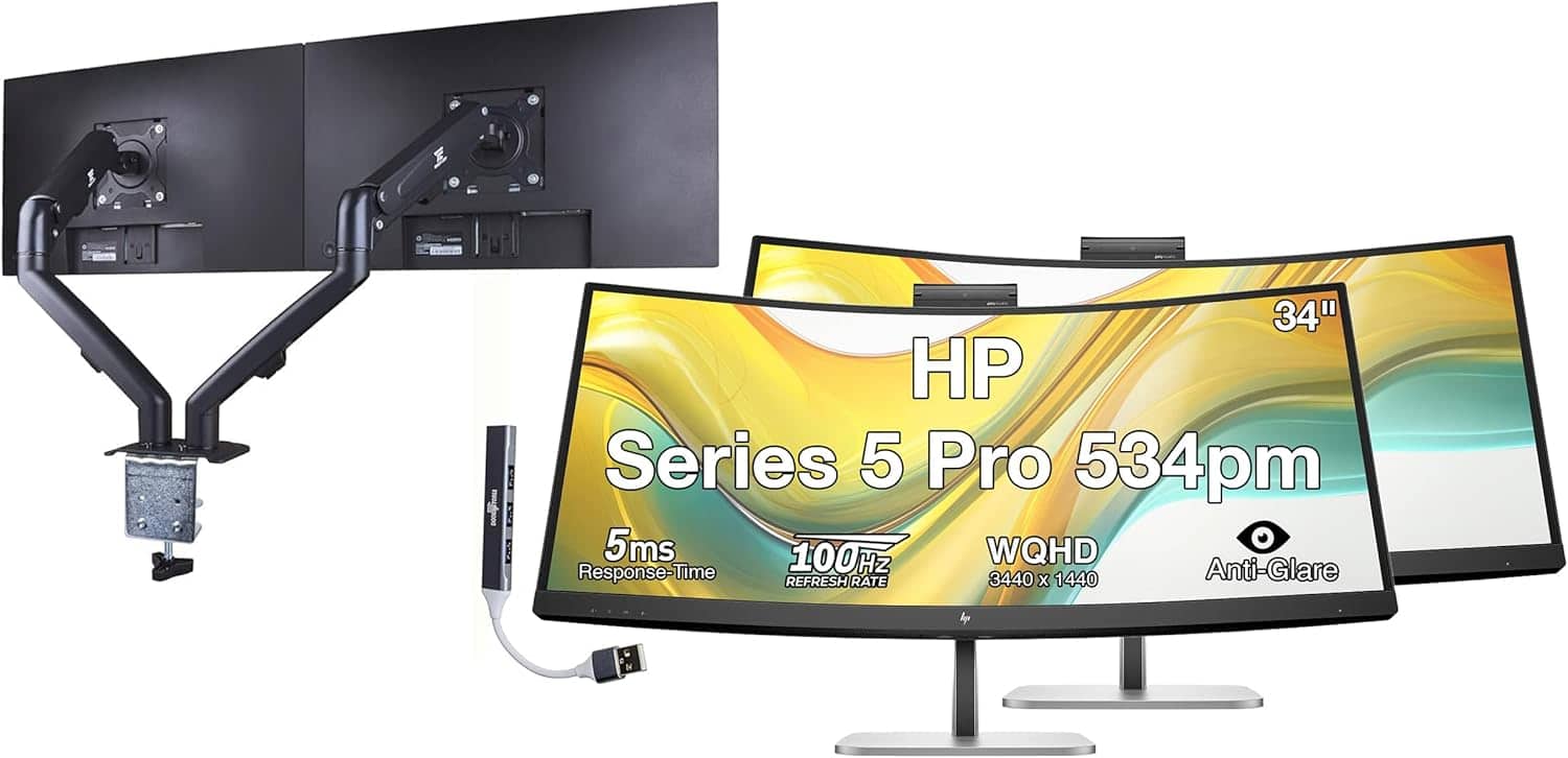 HP - Series 5 Pro 534pm 34" WQHD VA Monitor, Displayport, HDMI (9E0Z2UT#ABA) 2 Pack w/DKZ Hub & ErgoFlexy Dual Mount Arms - Black/Silver