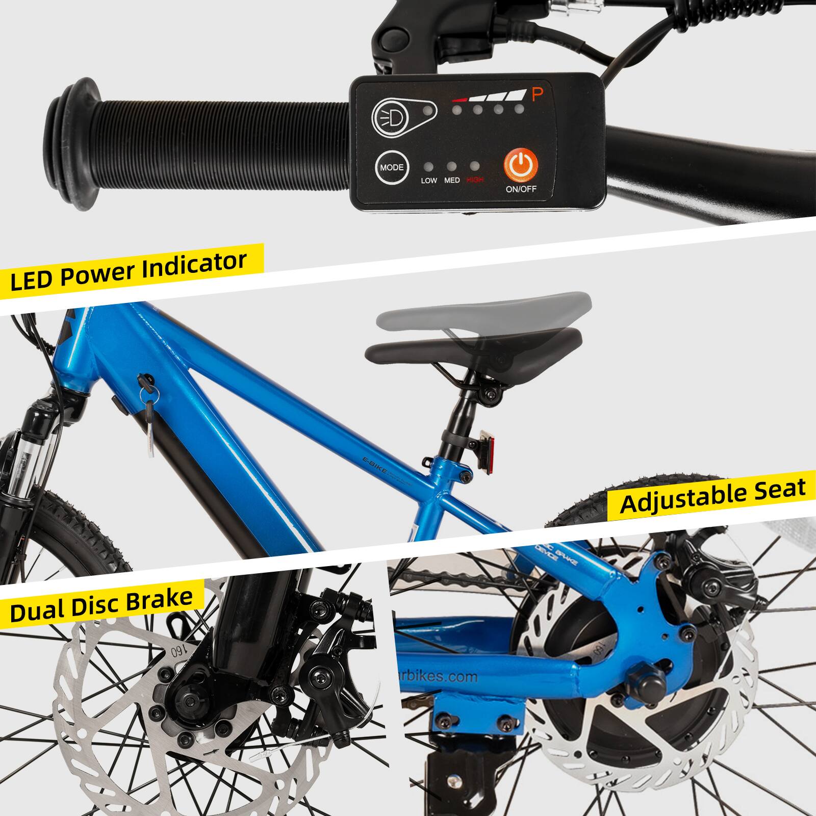 ED P MODE LOW MED HIGH ON/OFF Power Indicator LED Dual Disc Brake 160 E-BIKE rbikes.com Adjustable Seat