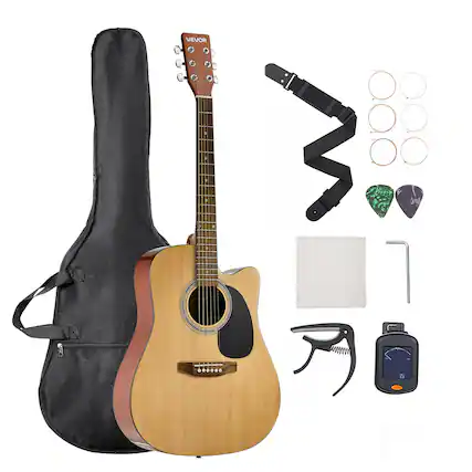 Front. VEVOR - 41-Inch Acoustic Guitar with Cutaway Design, Solid Spruce Top, Beginner Bundle Including Gig Bag, Tuner, Strap - Natural.
