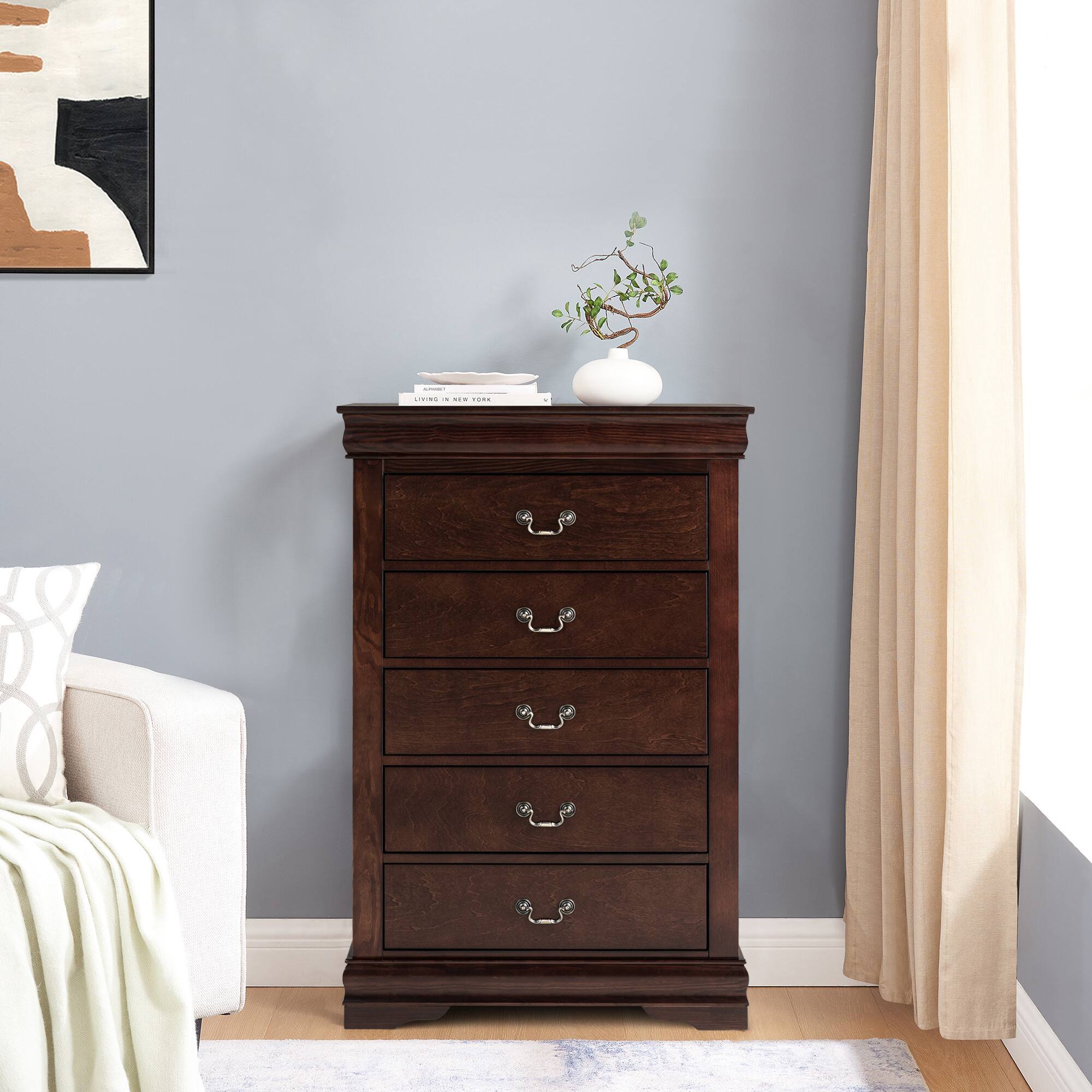 Alt View 1. Vaczon - Solid Wood 5-Drawer Bedroom Dresser, English Dovetail Chest of Drawers for Clothes and Home Storage - Cherry.
