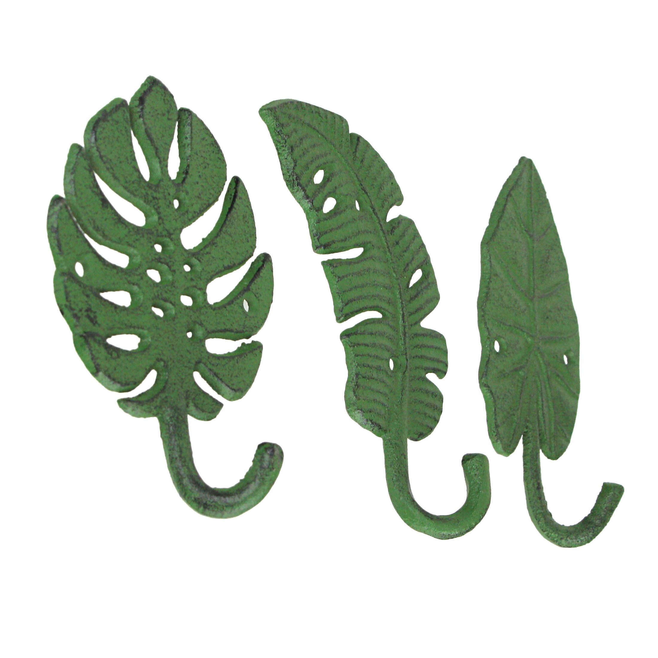 Alt View 1. Zeckos - Set of 3 Cast Iron Green Tropical Leaf Decorative Wall Hooks Towel Hanger Rack - Green.