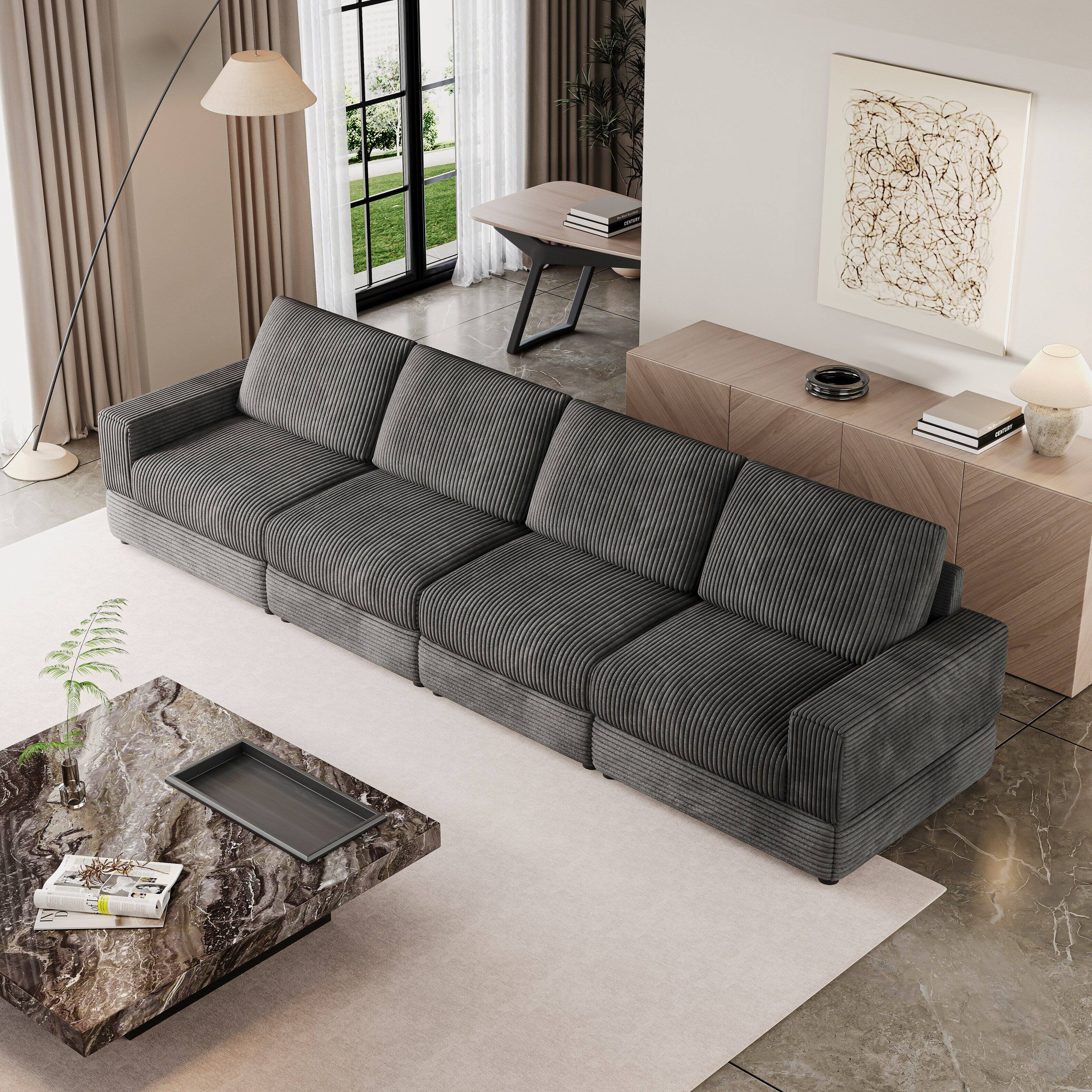 Alt View 1. MSOOB - 138'' 4-Seater Corduroy Sofa Extra Wide Corduroy Couch with Pillows Back and Deep Seat for Theater Rooms (Black) - Black.