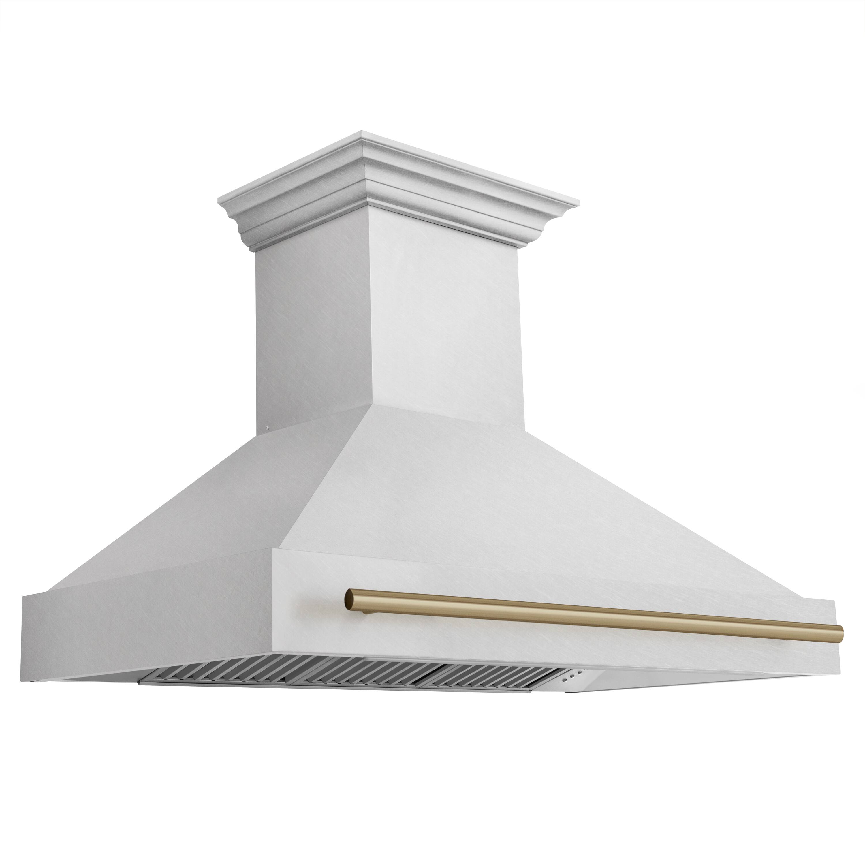 Left. ZLINE - ZLINE Autograph Edition 48 in. Satin Stainless Steel Wall Mount Range Hood with Champagne Bronze Handle (8654SNZ-48-CB) - Satin Stainless Steel.