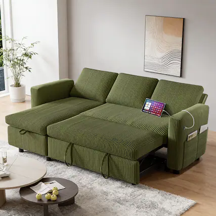 Front. Vipbear - 81" L Shaped Corduroy Sleeper Sofa Bed with Pull Out Bed Reclining Backrest,Storage Chaise,USB Ports,Tool-Free Assembly - Green.