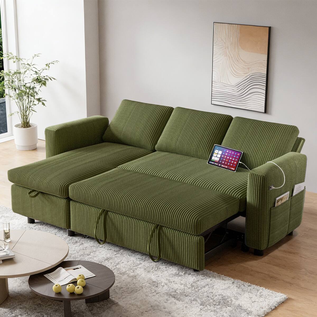 Vipbear - 81" L Shaped Corduroy Sleeper Sofa Bed with Pull Out Bed Reclining Backrest,Storage Chaise,USB Ports,Tool-Free Assembly - Green
