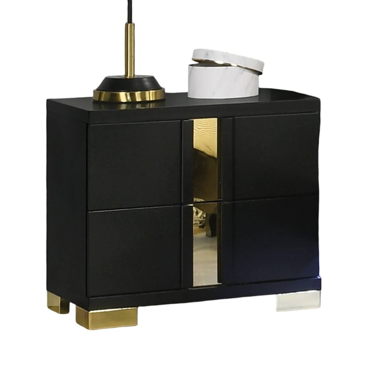 Back. Loheer - Loheer Black and Gold Nightstand with Two Drawers and Metal Legs - Black.