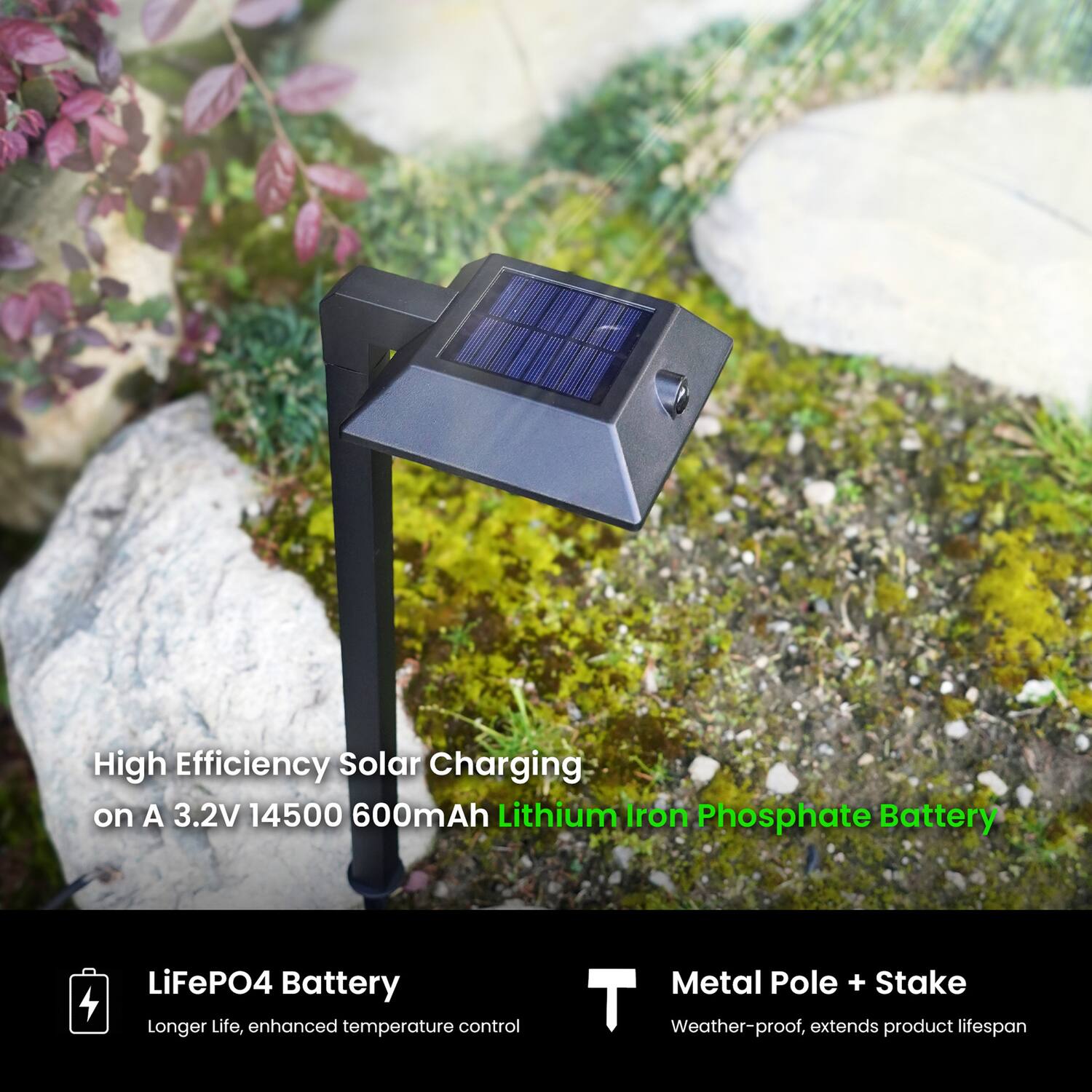 High Efficiency Solar Charging on A 3.2V 14500 600mAh Lithium Iron Phosphate Battery LiFePO4 Battery longer Life, enhanced temperature control Metal Pole + Stake T Weather-proof, extends product lifespan