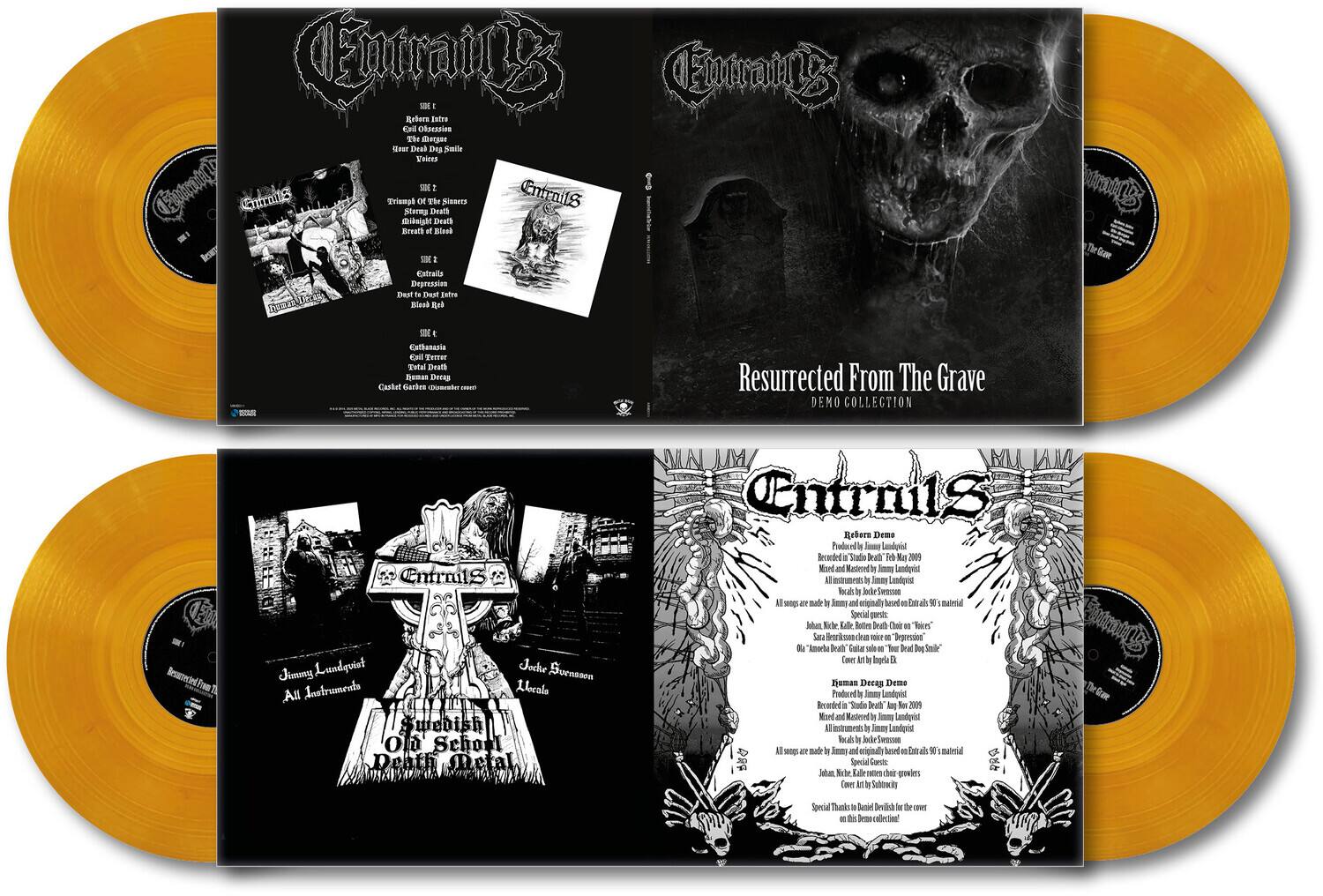 **Front Cover:**
- Resurrected From The Grave
- DEMO COLLECTION

**Back Cover:**
- Side 1
  - Curses Relers SDE Estre Cmmily Cnl Dbseanies The Csar Seer Deal De Smille Vaites M Ehtrailo Triunah or The Sieners EntrailS Sterny Dealh ibniaht Dealh Brath of Bleed TEE SIE Catrails Deprezpies Dest da Dest Intre Blesk e
  - I Kalhonusia Kel Termer Total Drull Beman DecAS Cashet Garlen coerale Resurrected From The Grave DEMO COLLECTION Entraits MN Entrails r Deme Prodoc Soy Sadoidl Becended a Stadio Irl i He 2001 Nard and Radioed I Jmmy Landeriest mtrara by Jam Landqvis Tocals Jodke Soeu Sog aT sudr b Jnny ia ariginaly boud tuirrial Resareted FI Jimmy Luadquiet Joche Suenason All Instruments Alecalo Swebish On School Death Retal DRF Jobun Exhr Lale Rotre bea Dat DI "B