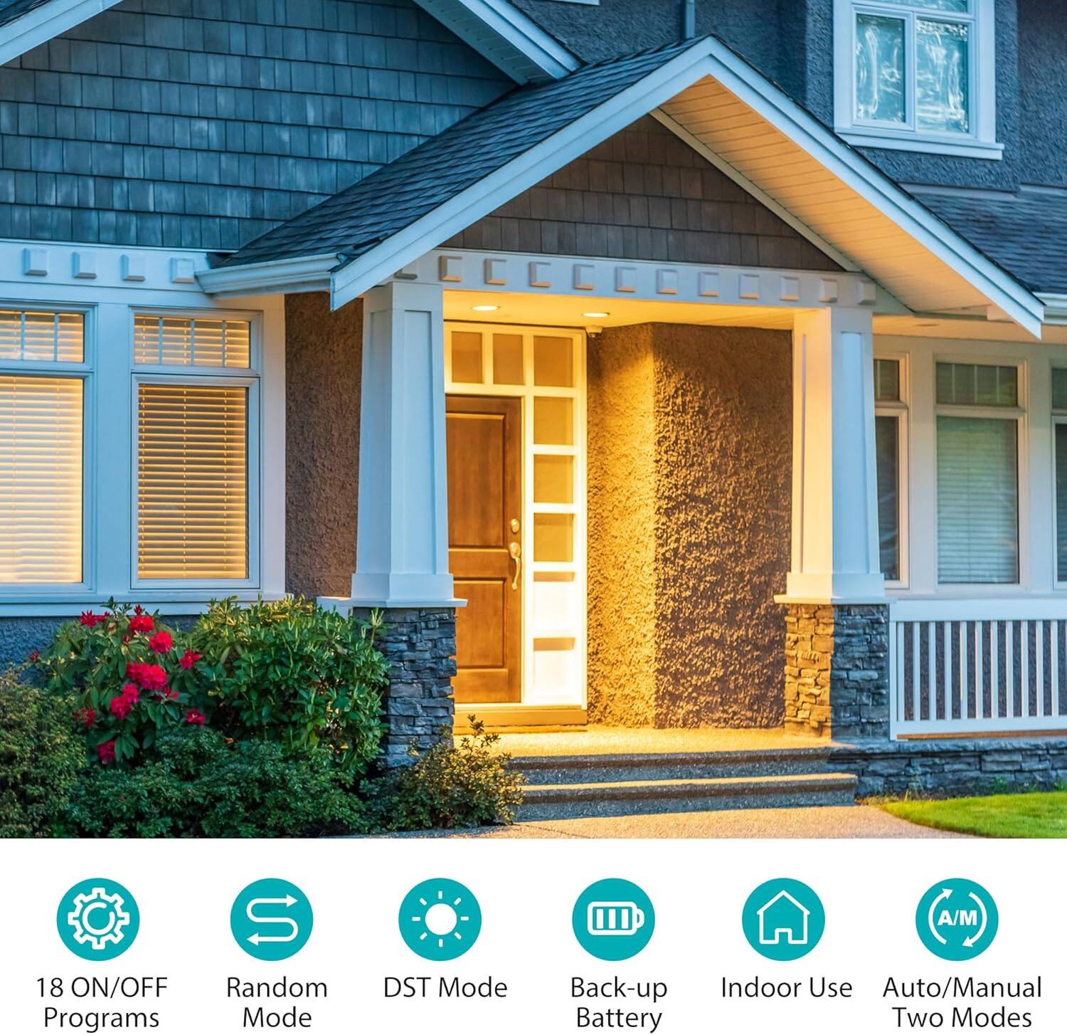 18 ON/OFF Programs  
Random Mode  
DST Mode  
Back-up Battery  
Indoor Use  
Auto/Manual Two Modes