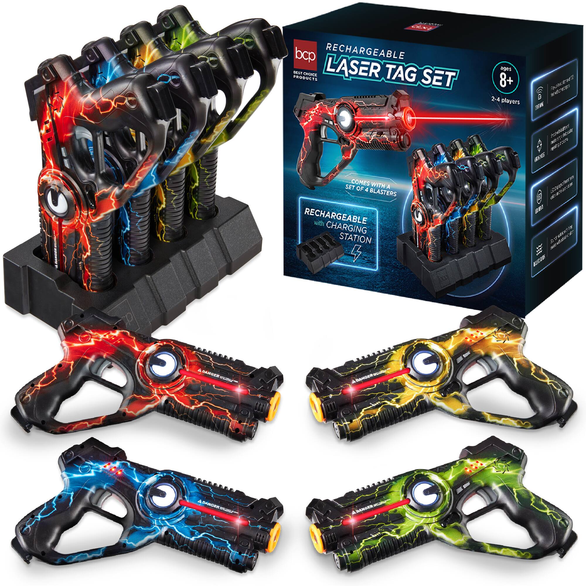 VIA bcp RECHARGEABLE LASER TAG SET  
ages 8+  
2-4 players  

COMES WITH A SET OF 4 BLASTERS  
RECHARGEABLE with CHARGING STATION