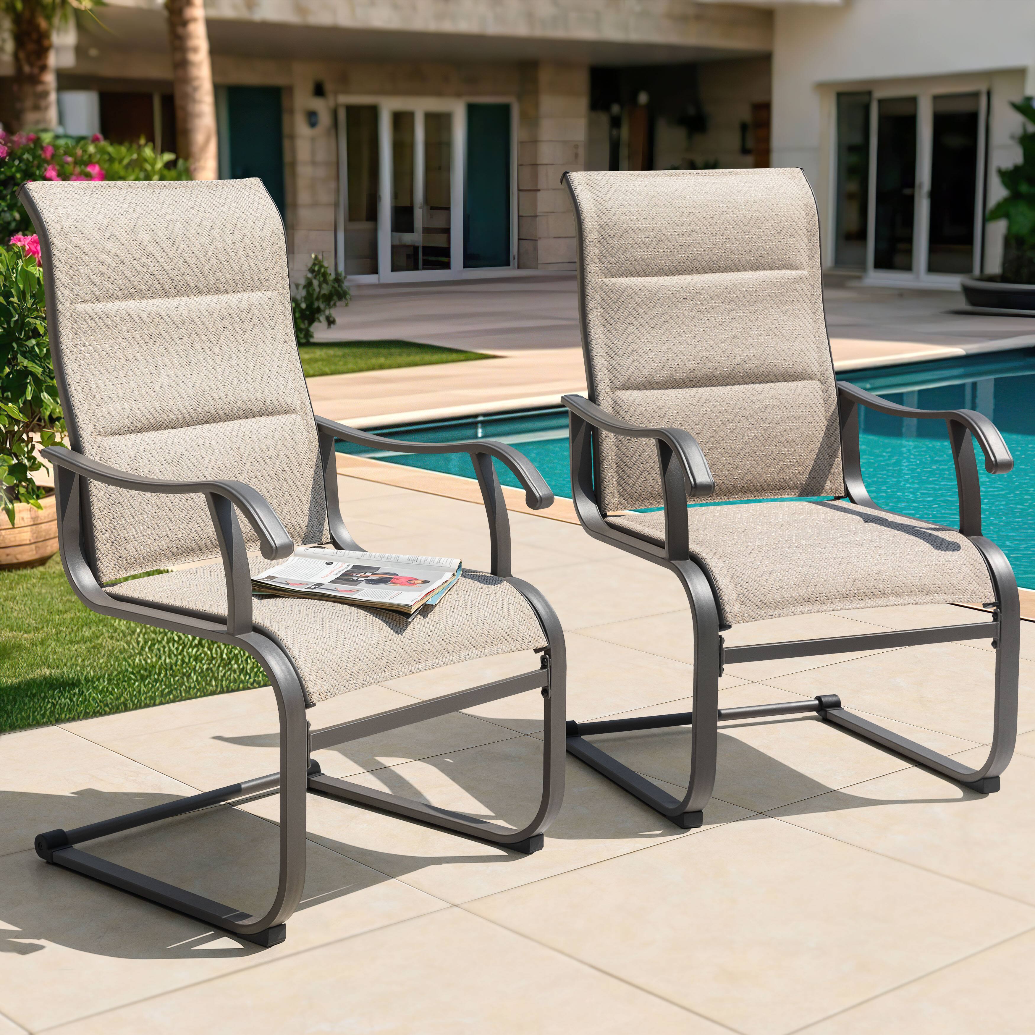 Left. Nuu Garden - Outdoor Patio Dining Chair Set of 2, Comfortable Breathable Textilene, Iron Frame - Beige and Gray.