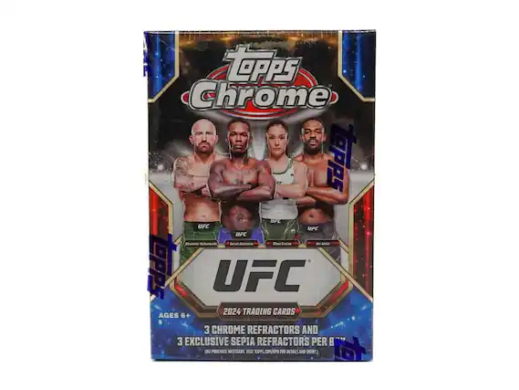 Topps Chrome FC
UFC
2024 TRADING CARDS
AGES 6+
3 CHROME REFRACTORS AND 3 EXCLUSIVE SEPIA REFRACTORS PER BOX
(NO PURCHASE NECESSARY. VISIT TOPPS.COM/NPN FOR DETAILS AND ENTRY.)