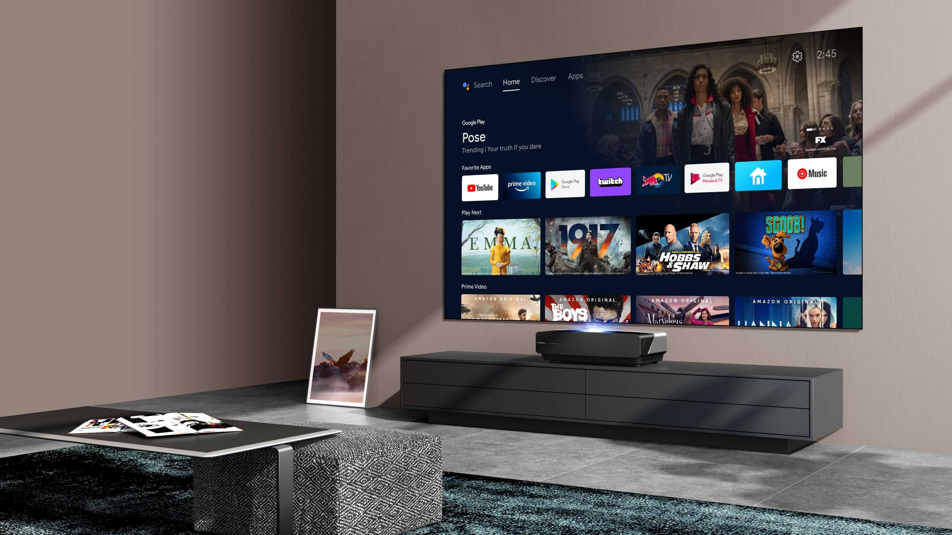 Top. Hisense - L5G Laser TV Ultra Short Throw Projector with 100" ALR Screen, 4K UHD, 2700 Lumens, HDR10, Android TV - Black.