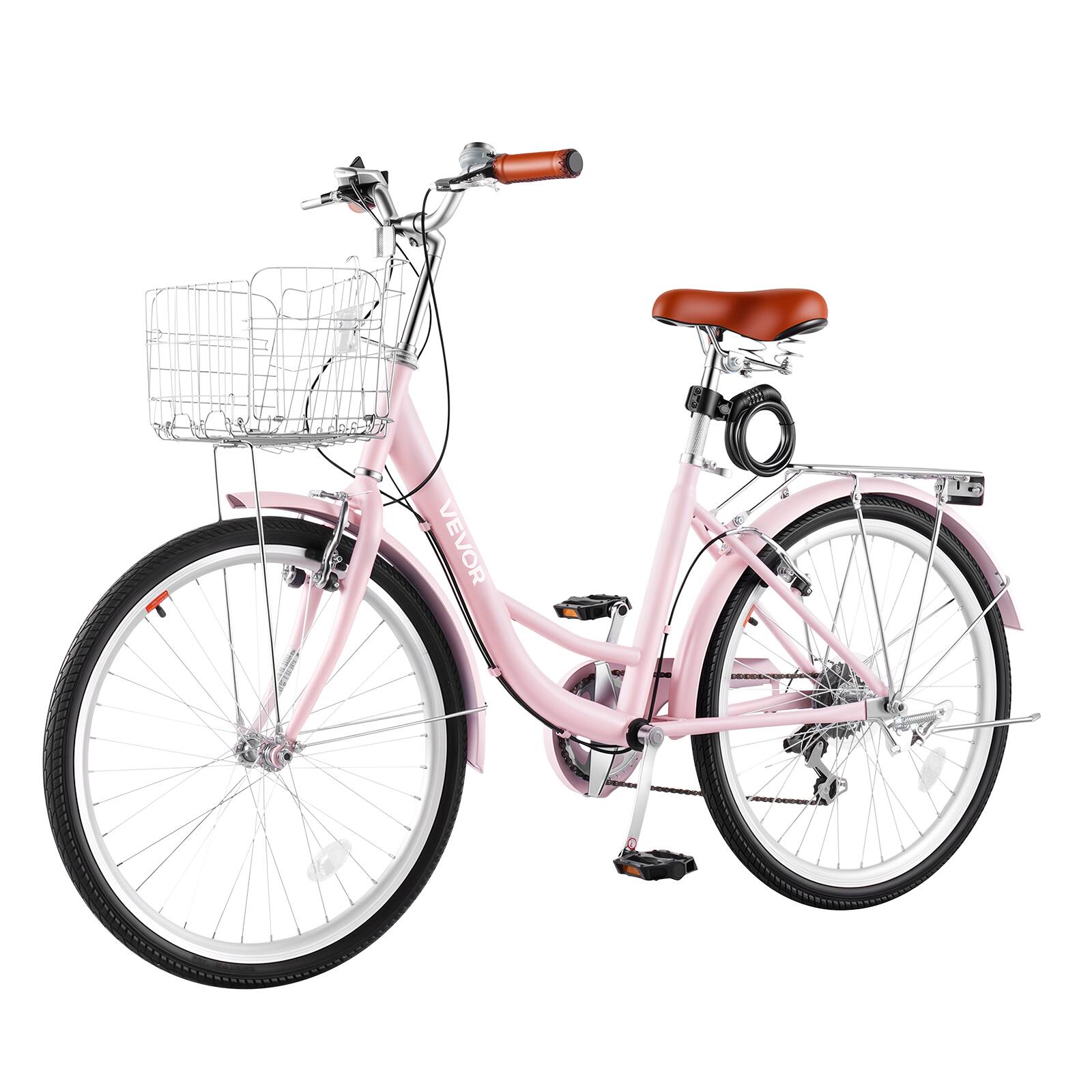 Alt View 5. VEVOR - Women Bike, 24 in Beach Cruiser Bike, 7-Speed Adult City Bicycle with Carbon Steel Frame, 330 lbs Capacity, Basket - Pink.
