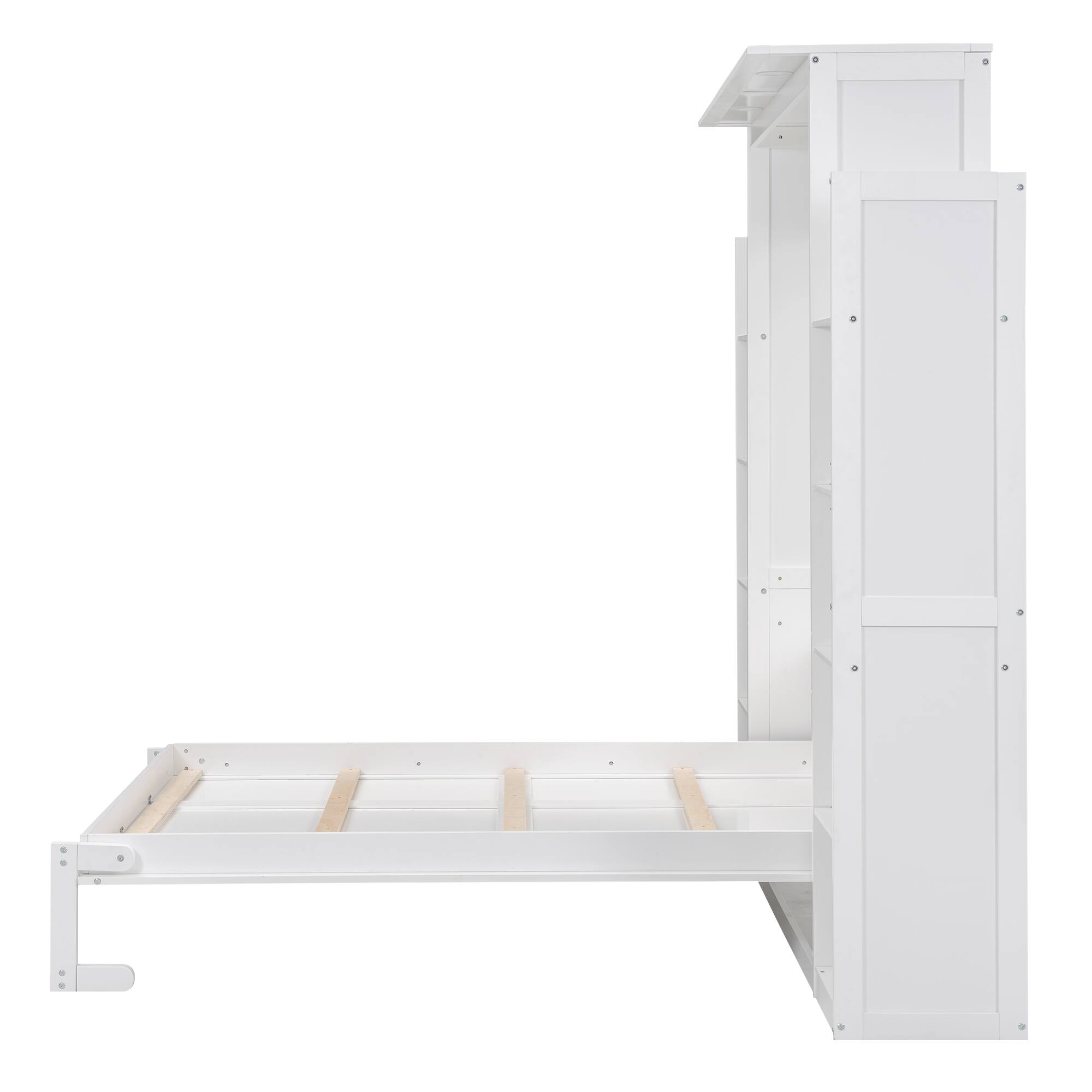 Alt View 5. Tiramisubest - Full Size White Murphy Bed with Shelves & LED Lights, Solid Wood+MDF, Space-Saving - White.