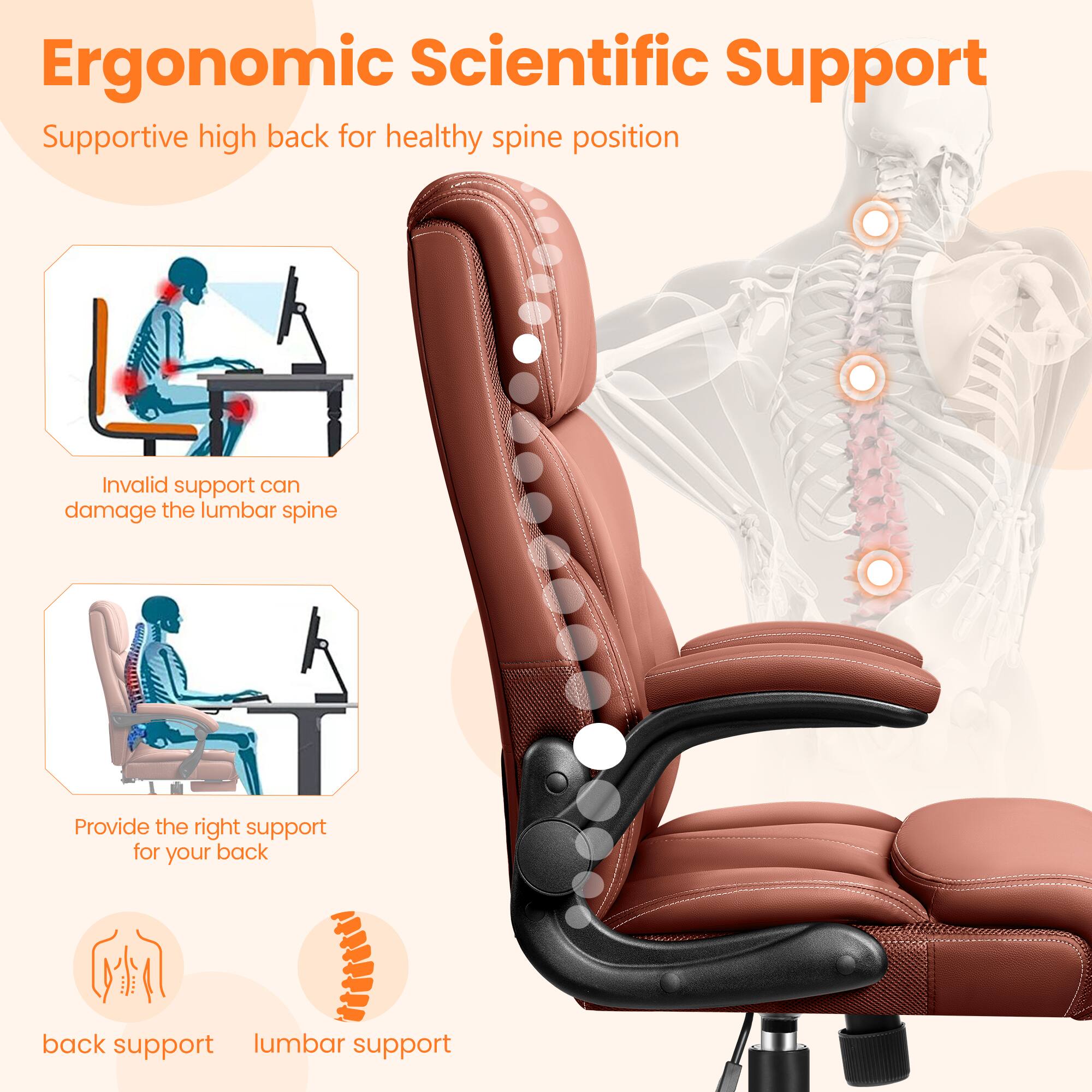 Ergonomic Scientific Support  
Supportive high back for healthy spine position  

Invalid support can damage the lumbar spine  

Provide the right support for your back  

back support  
lumbar support