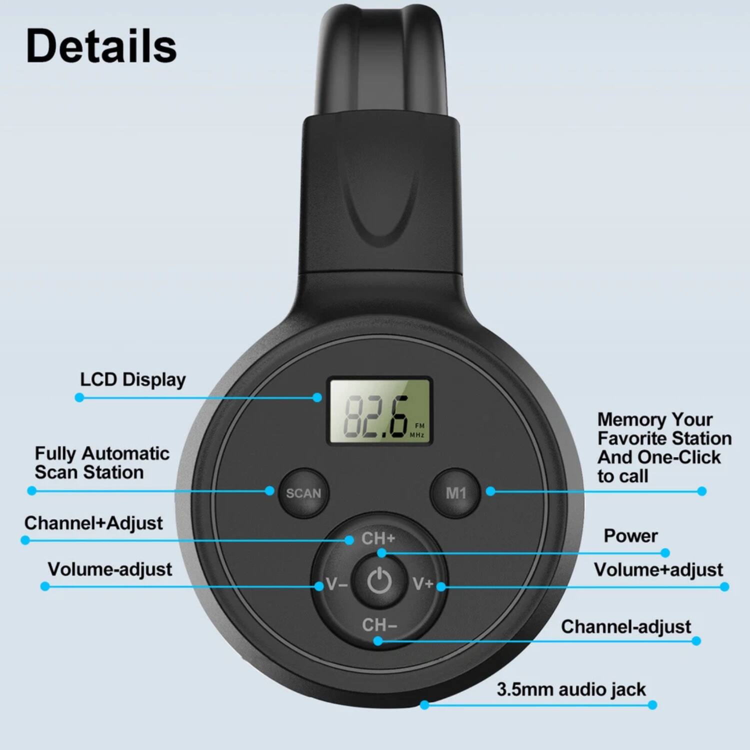 Details

- LCD Display
- Fully Automatic Scan Station
- Channel+Adjust
- Volume-adjust
- Memory Your Favorite Station And One-Click to call
- Power
- Volume+adjust
- Channel-adjust
- 3.5mm audio jack