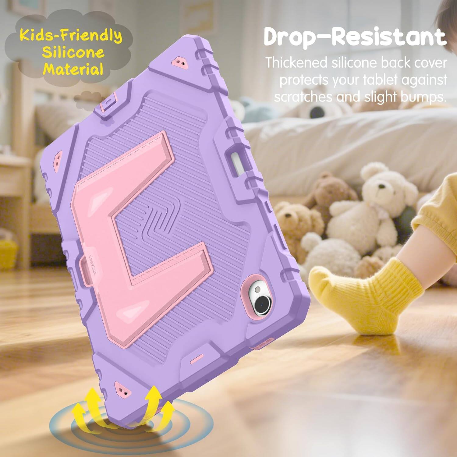 Kids-Friendly Silicone Material

Drop-Resistant
Thickened silicone back cover protects your tablet against scratches and slight bumps.