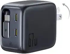 The image features a black USB-C charger with a USB-C plug on the front. The charger is designed for USB-C devices and has a power rating of 67 watts. The charger is made by GaN, a company known for its power electronics. The charger is compatible with USB-C devices and can be used to charge or power various devices that use USB-C connectors.