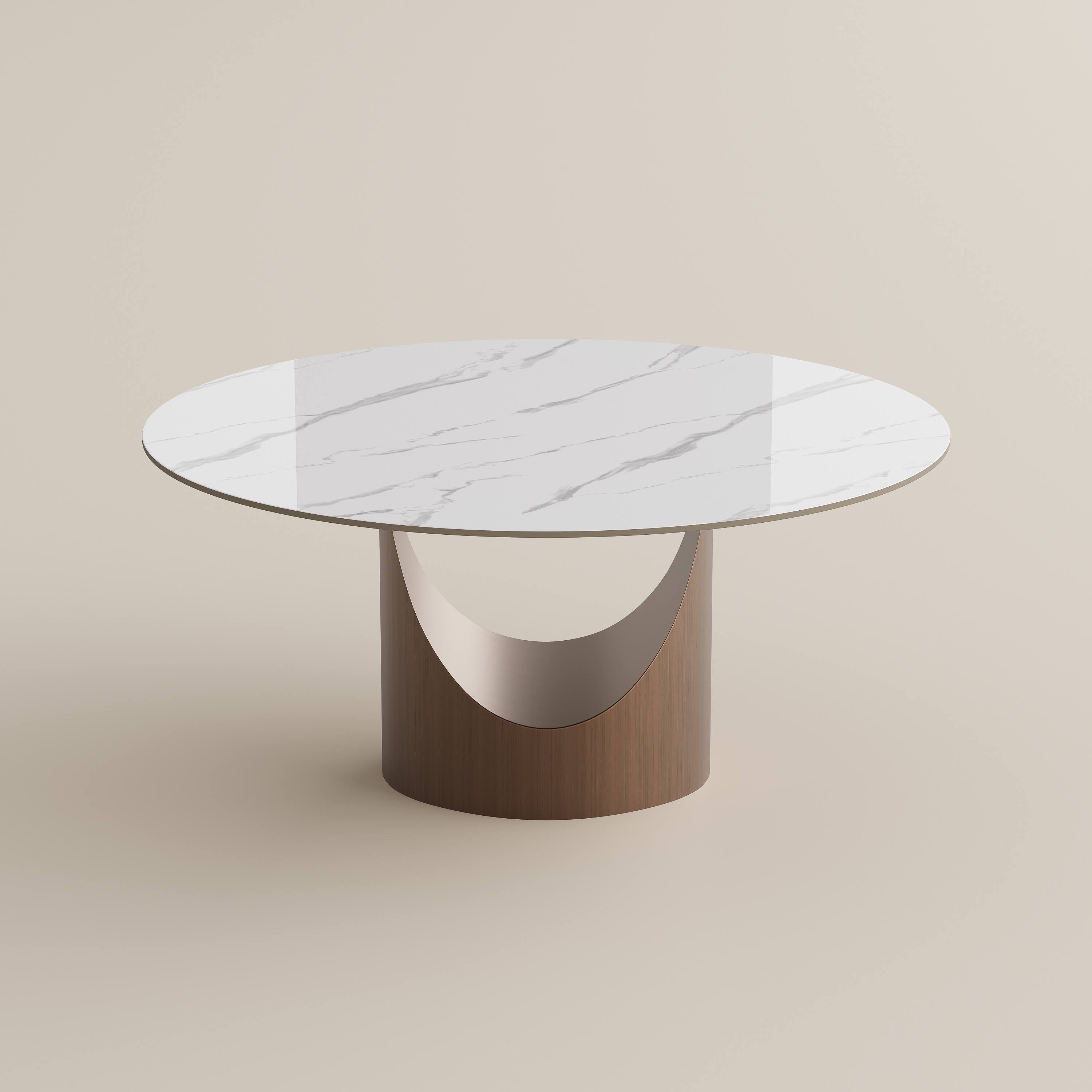 Alt View 7. POVISON - 59" Modern Round Dining Table for 6 White Glossy Sintered Stone Tabletop with Bronze U-shaped Steel Base - White Glossy Sintered Stone with Bronze Steel Base.