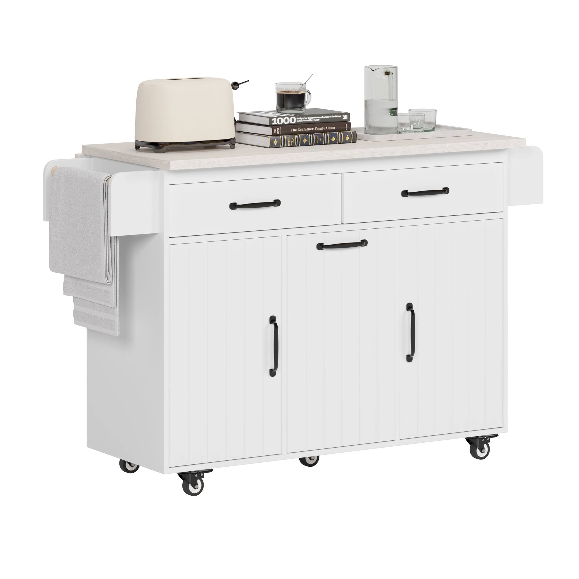 Ecooso - Kitchen Island with Trash Storage, Drop Leaf, and Rolling Wheels - White, Oak
