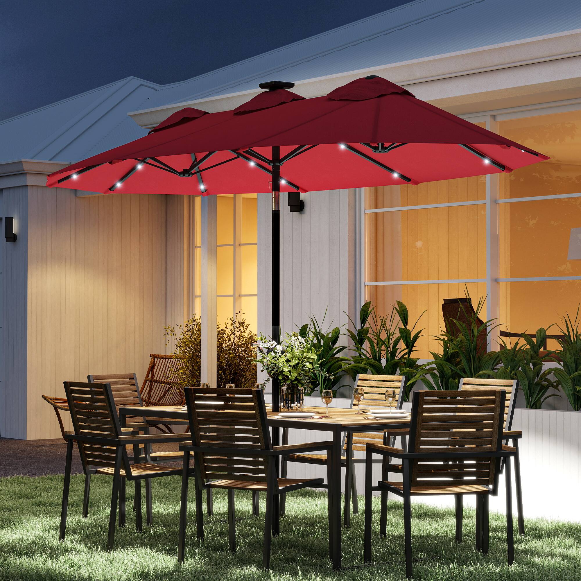 Alt View 1. Outsunny - Patio Umbrella, 9.7' Outdoor Umbrella with Tilt and Crank, LED Solar Light and 12 Ribs - Wine Red.