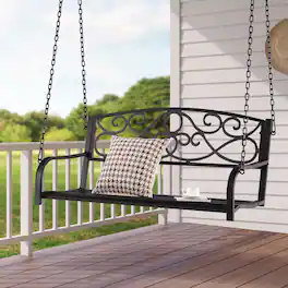 Gymax - Patio Hanging Porch Swing Outdoor 2-Person Metal Swing Bench Chair w/ Chains - Brown