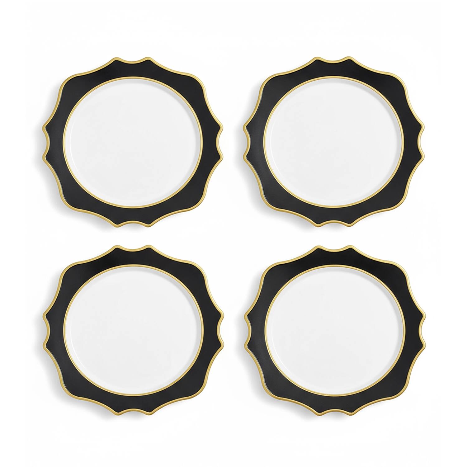 Angle. American Atelier - Scallop Black & Gold with White Center Set of 4 Charger Plates 13"D - Black.
