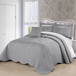 Hivvago - Queen size Damask Embroidered 4 Piece Oversized Bedspread Set - Ash Grey
