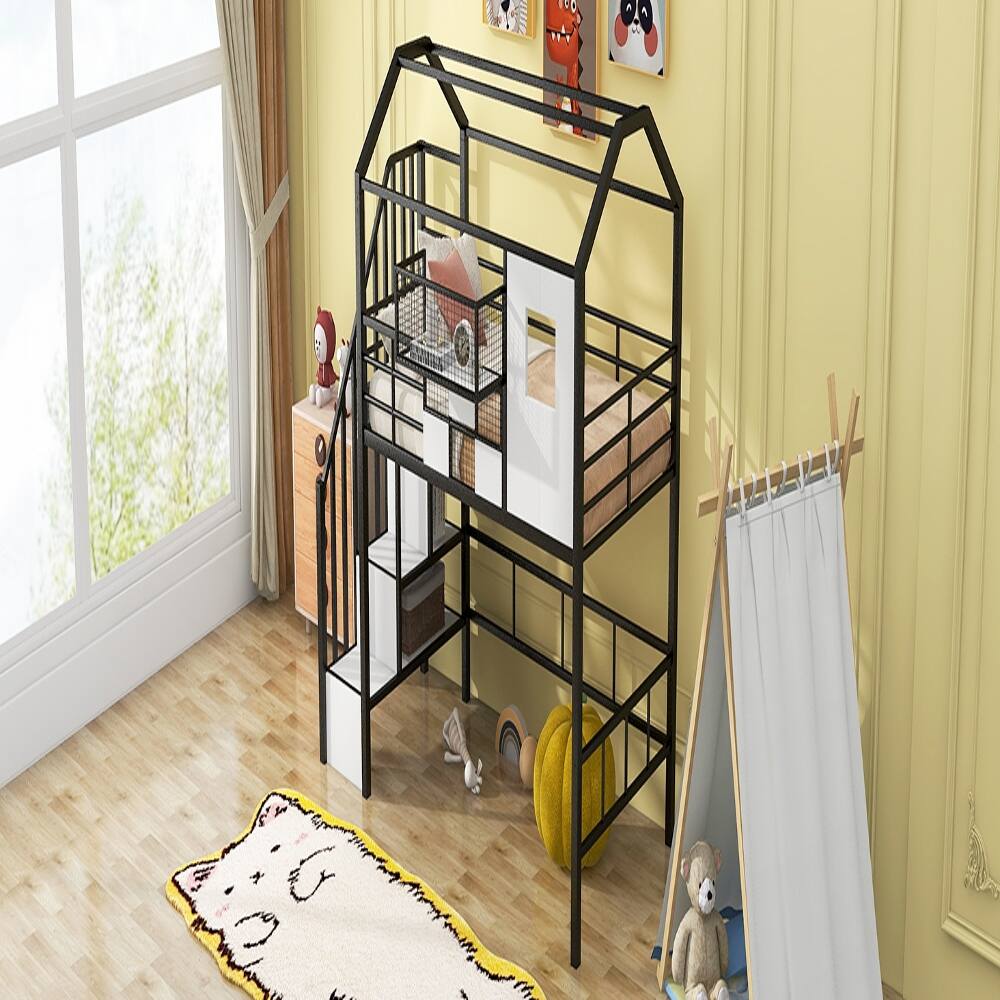 Alt View 1. Loheer - Loheer Metal Loft Bed with Roof Design Twin Size Black House Loft Bed with Storage Box and Integrated Ladder - Black.