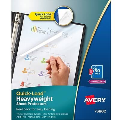 Quick Load™  
PEEL BACK FOR EASY LOADING

The Building Morvana  
Organization Structure Chart

Quick-Load Heavyweight Sheet Protectors  
Peel back for easy loading

Thicker and more durable  
Ideal for long term storage  
Acid-Free - Archival safe - Won't lift print

50 PACK  
DIAMOND CLEAR

AVERY  
73802