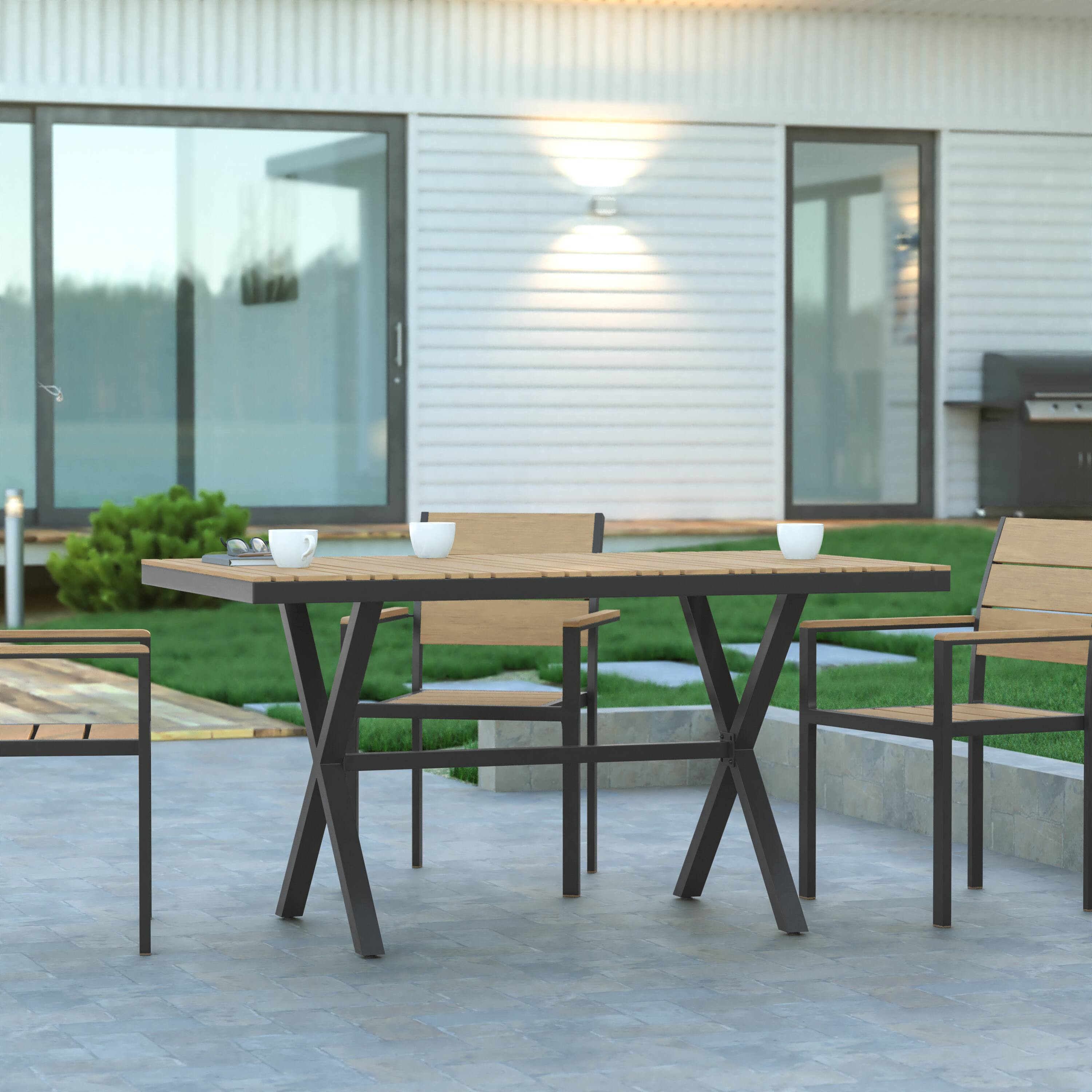 Alt View 1. Emma + Oliver - Fena 59" x 35.5" Outdoor X-Frame Dining Table with Faux Teak Poly Slat Top and Metal Frame - Natural Top/Gray Frame.