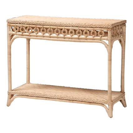 Front. bali & pari - Oxford Braided Rattan Console Table with Open Shelf – Coastal Boho Entryway or Hallway Accent Table - Natural Brown.