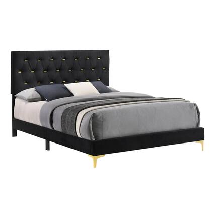 Front. Manhattan Lane - Lif Platform Queen Size Bed, Panel Tufted Headboard - Black, Gold.