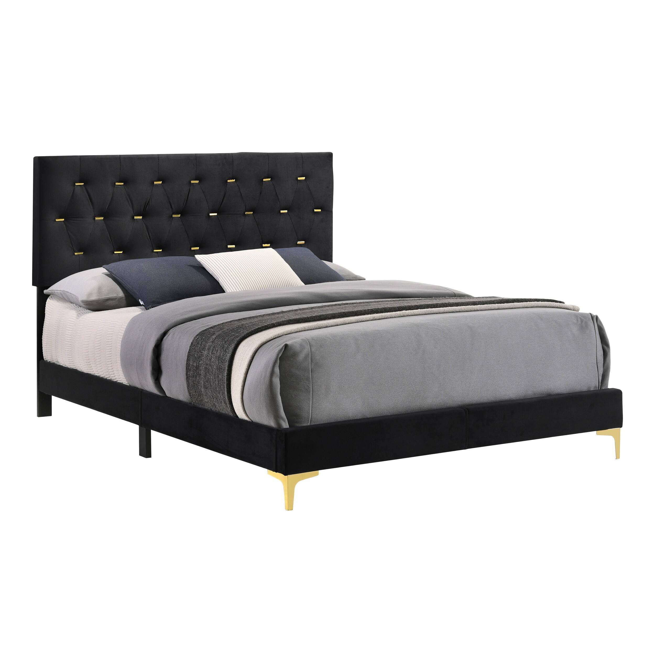 Front. Manhattan Lane - Lif Platform Queen Size Bed, Panel Tufted Headboard - Black, Gold.