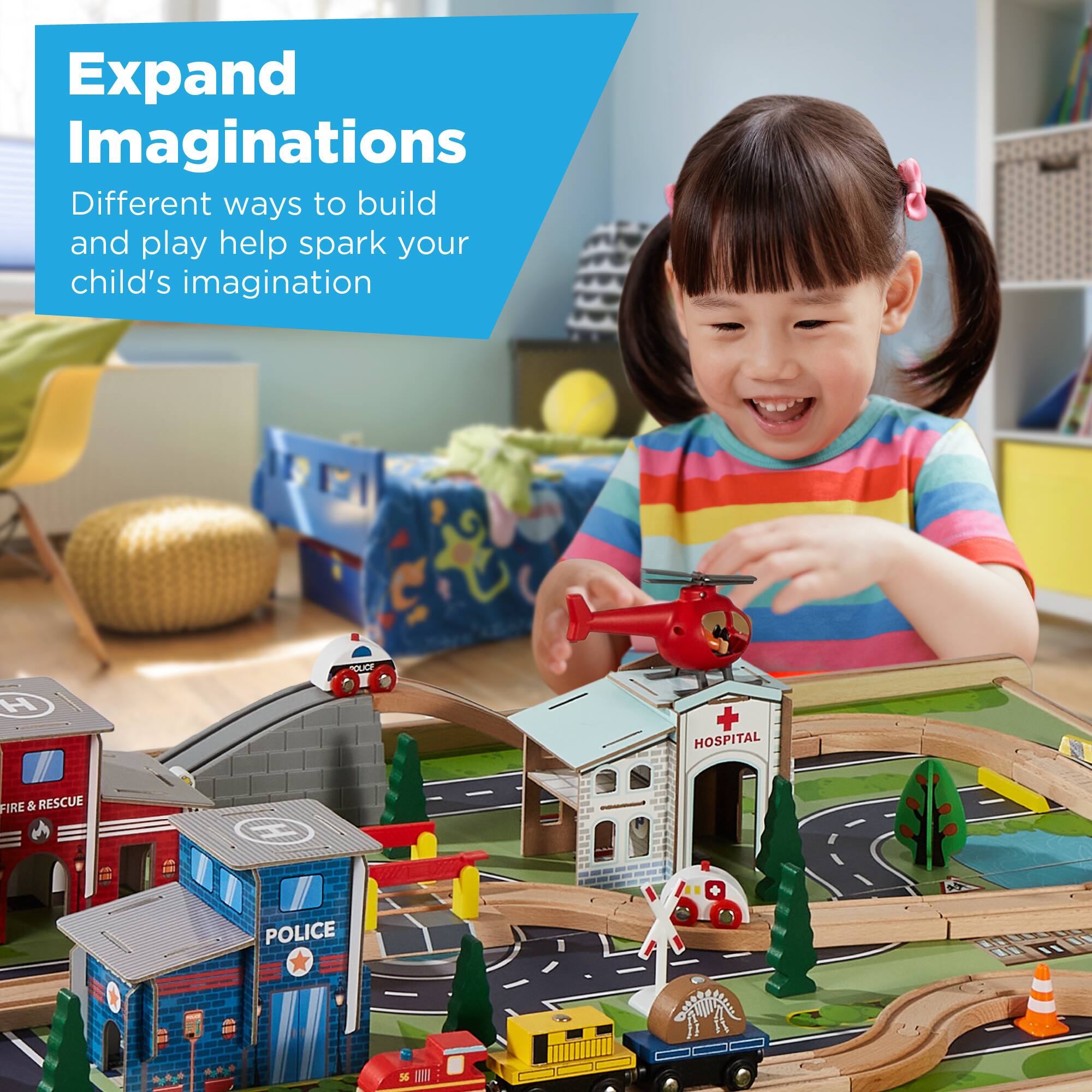 Expand Imagination  
Different ways to build and play help spark your child's imagination  

HOSPITAL  
POLICE  
FIRE & RESCUE