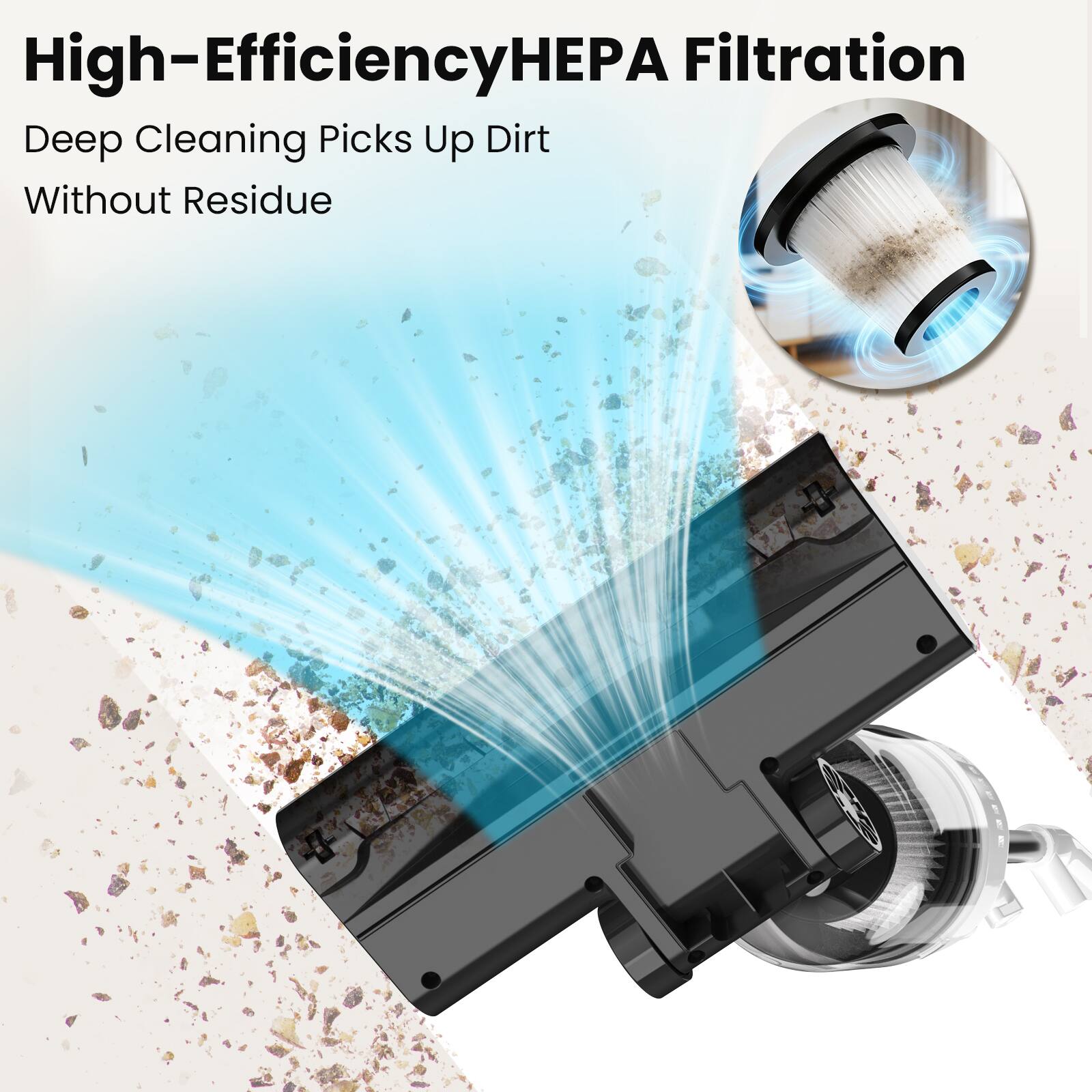 High-Efficiency HEPA Filtration  
Deep Cleaning Picks Up Dirt Without Residue